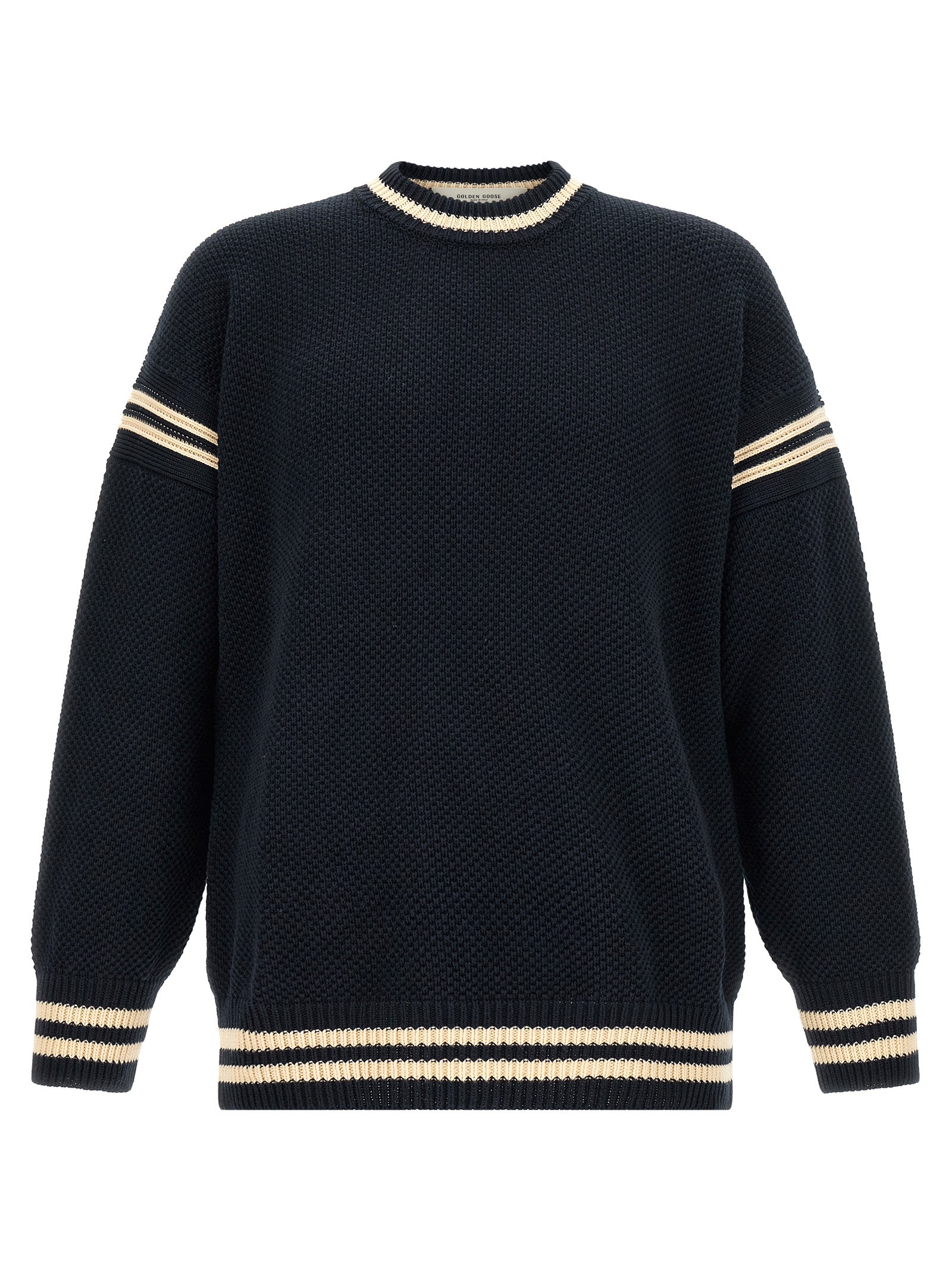 Waffle-Stitch Cotton with Striped Cuffs Sweater — Navy
