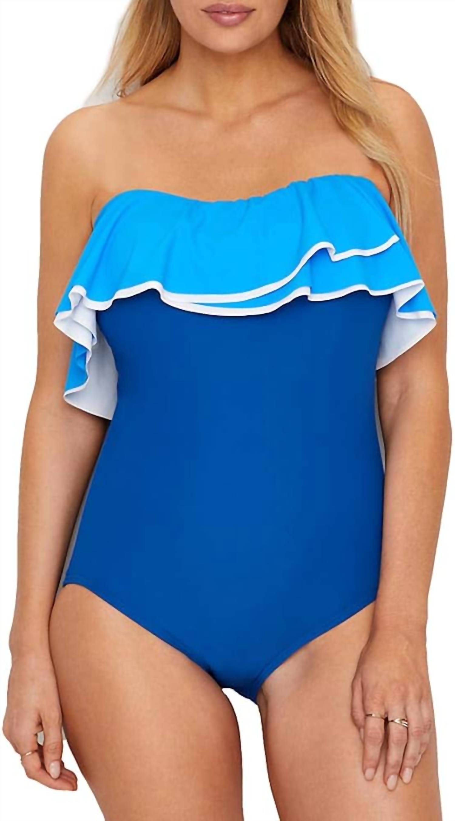 Contours Agate Ruffle Bandeau One Piece Swimsuit In Cadet