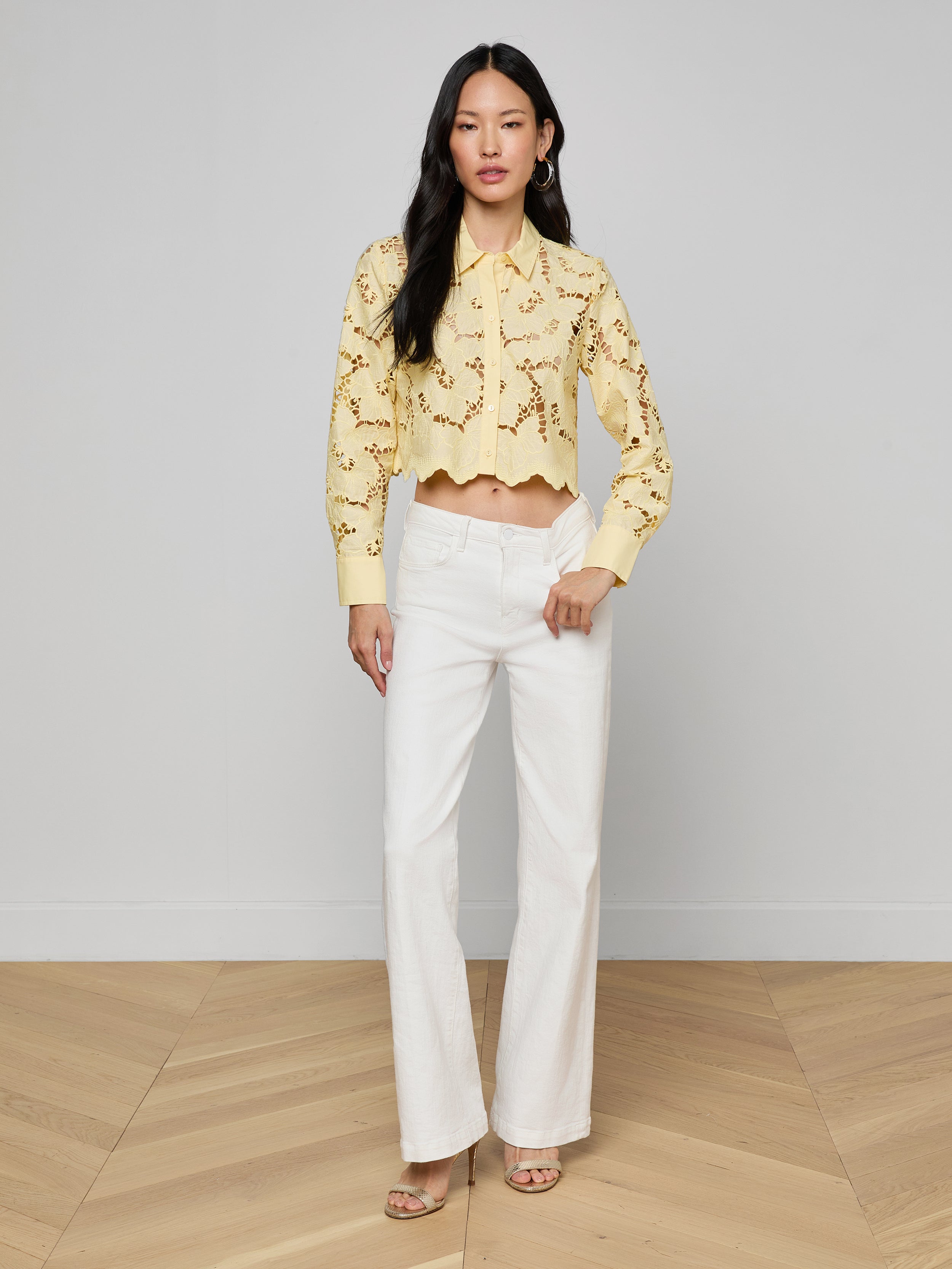 Seychelle Cropped Eyelet Blouse Top In Lemon Sorbet