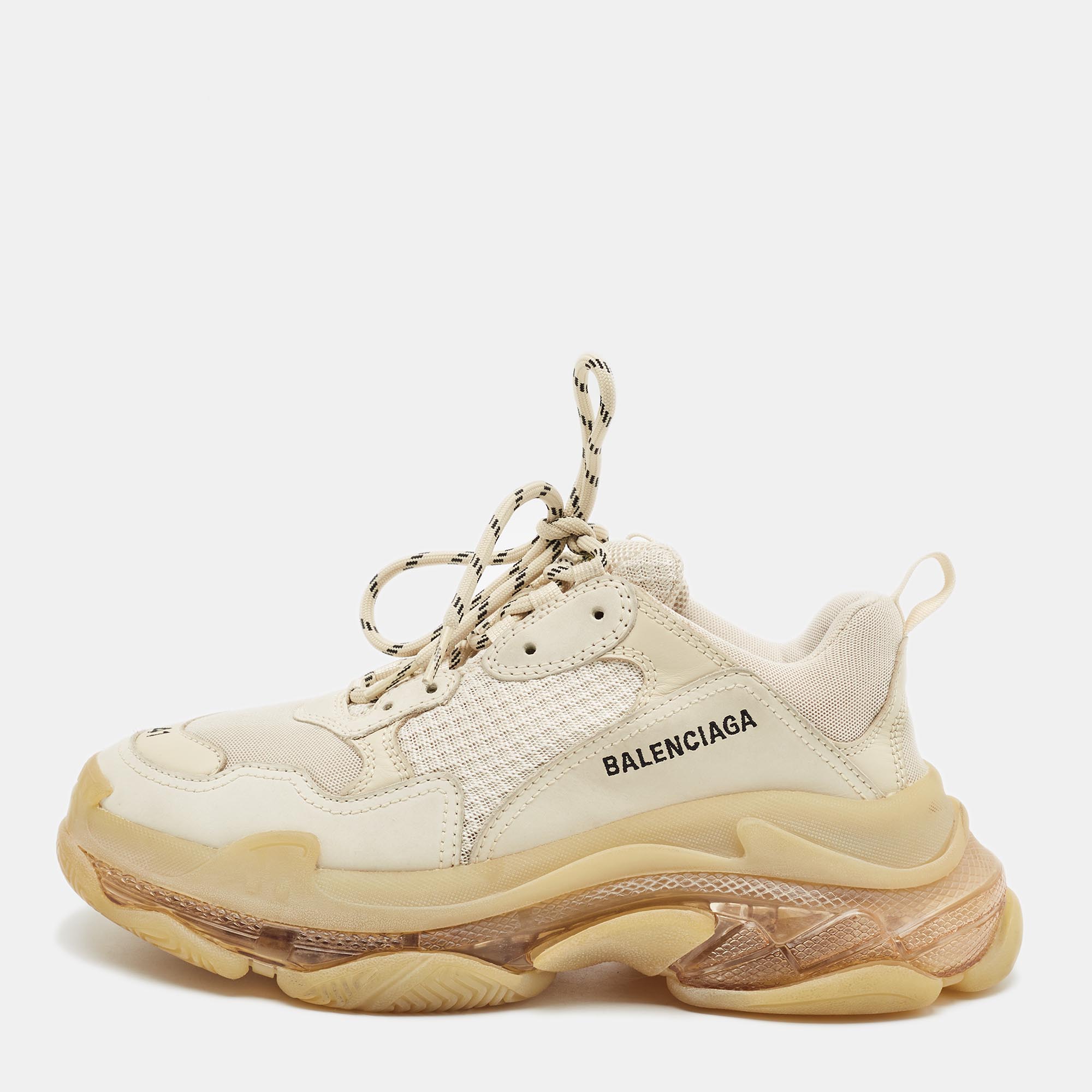Balenciaga Triple S 41 Cream/Beige Mesh and Nubuck Leather Lace Up Sneaker