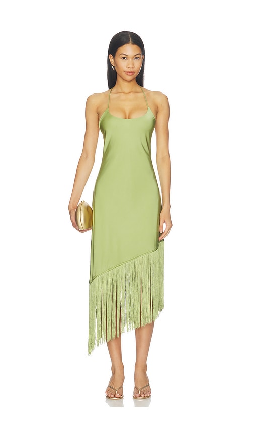 MORE TO COME Natalina Fringe Midi Dress in Green. XL. Also in