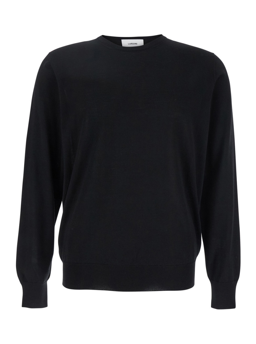Black Round Neck Sweater With Long Sleeves In Wool And Silk Blend Man