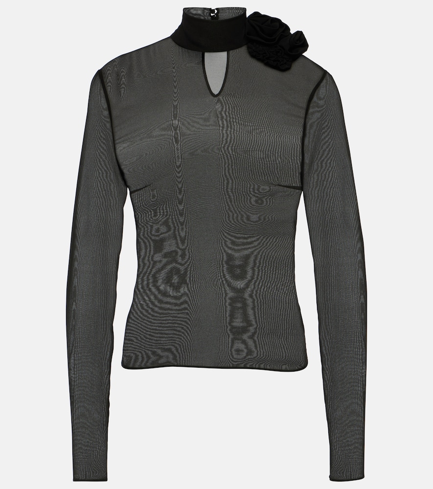 Floral-appliqué sheer silk blouse