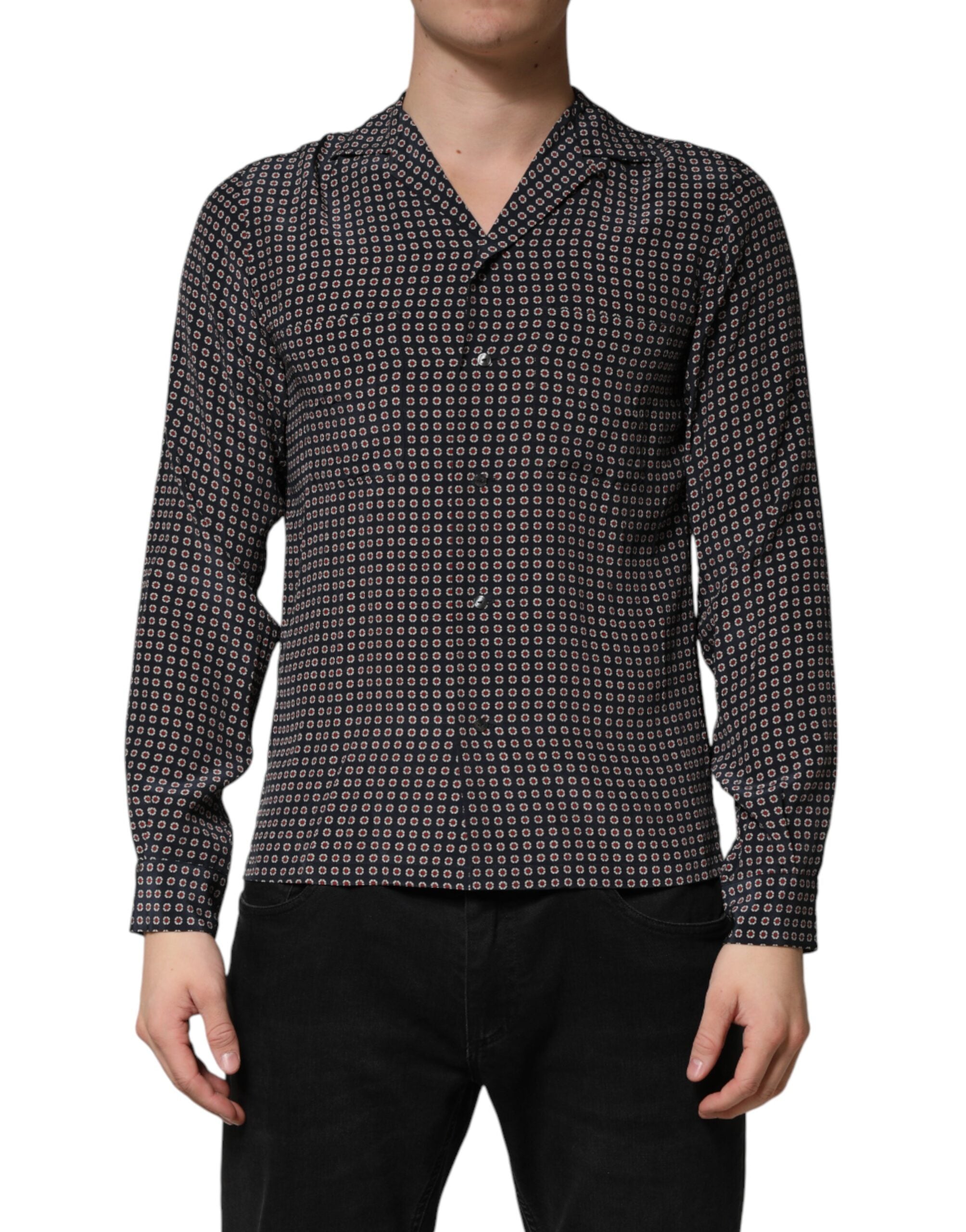 Geometric Patterned Silk Shirt — Black