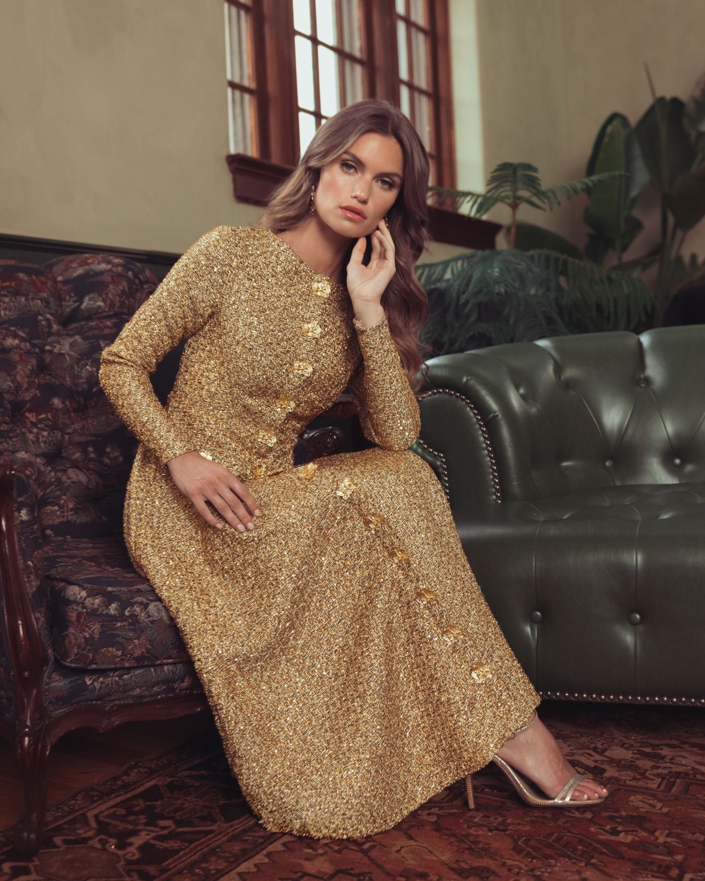 Gold Metallic Sequin Boucl Midi Dress