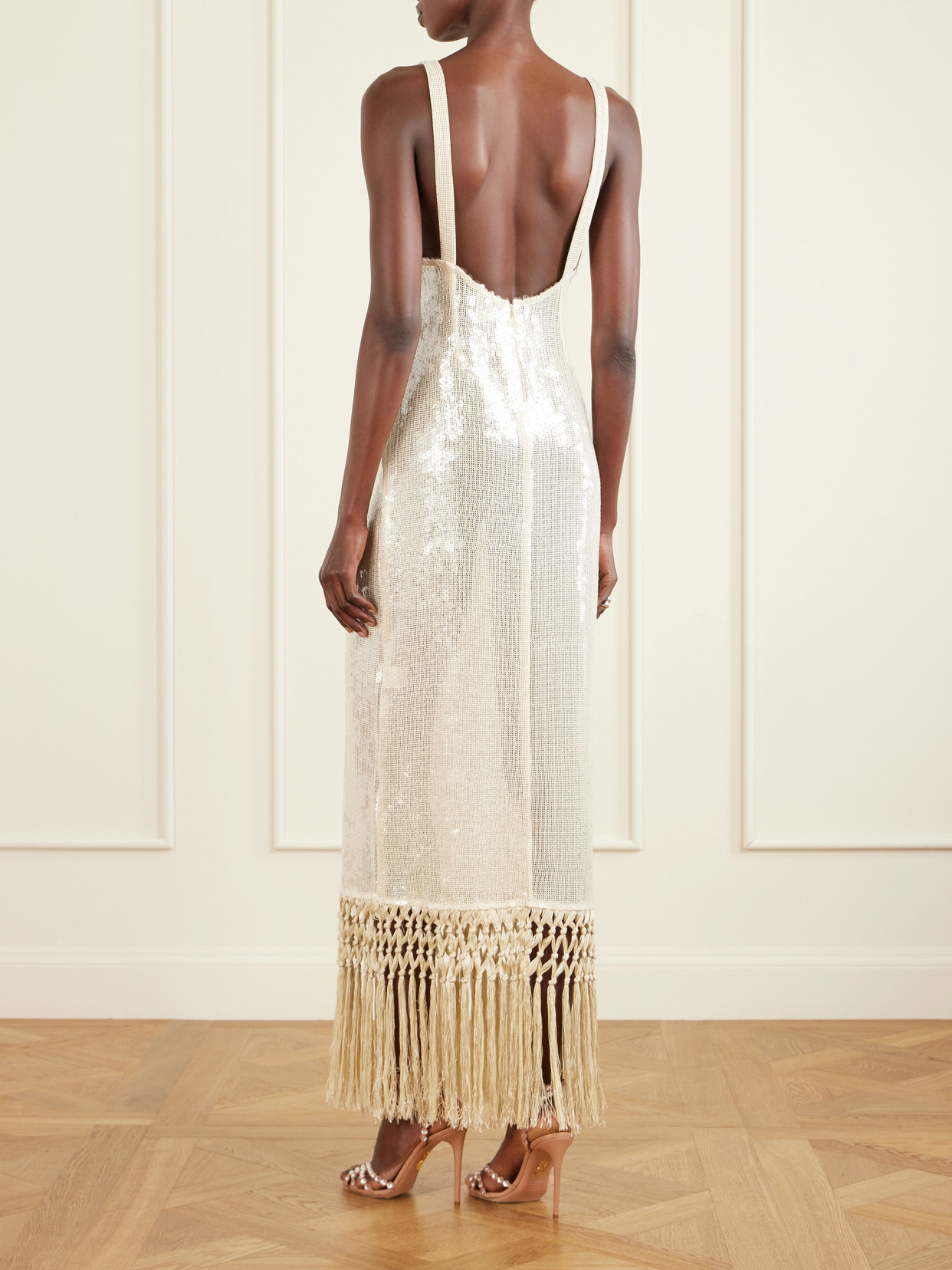 Agrigento Disco Fringed Sequined Cotton Gown - Off-white