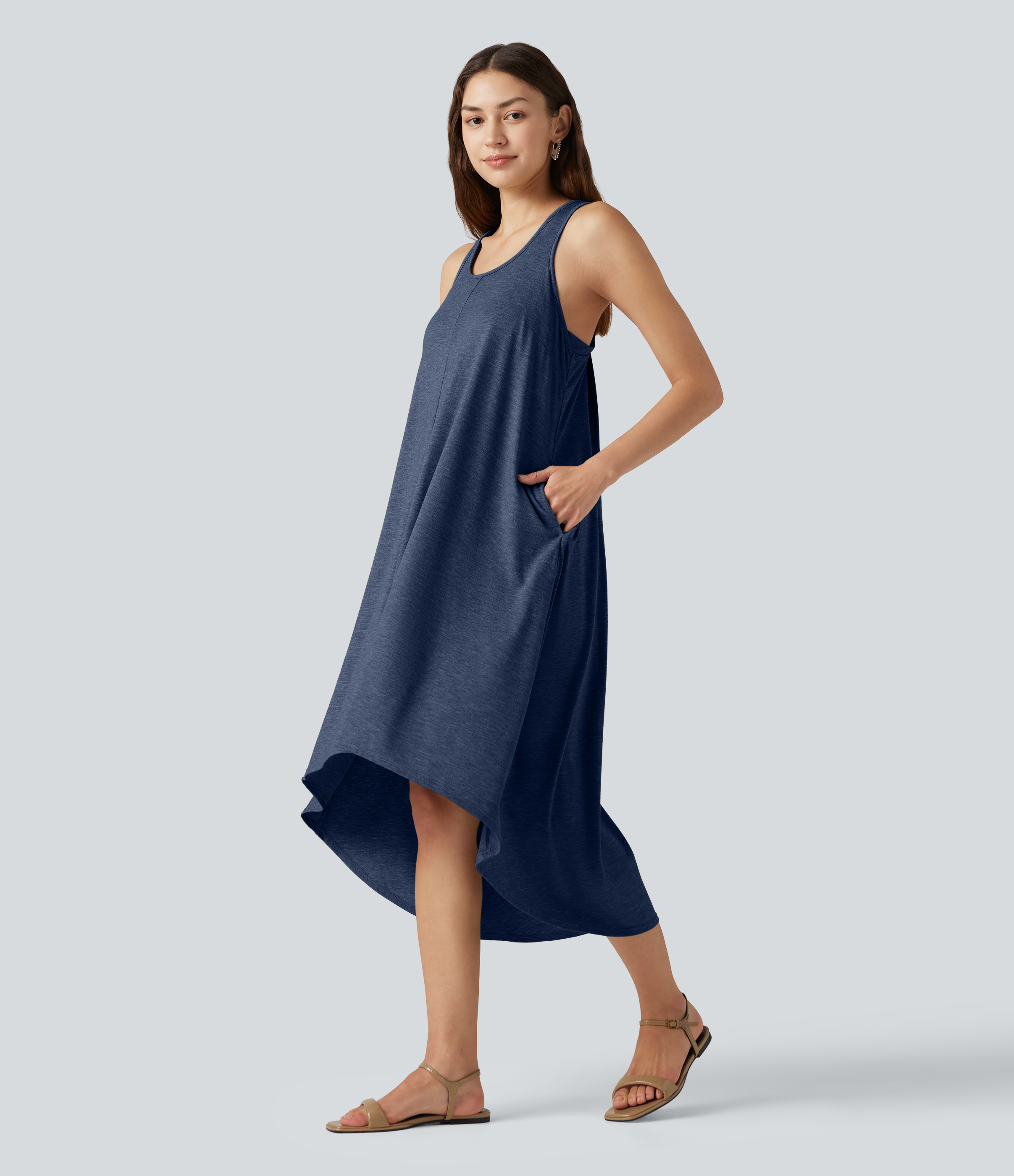 Racerback Built-in Bra High Low Flowy Midi Dress with Pockets Casual Dress - Mottled Indigo