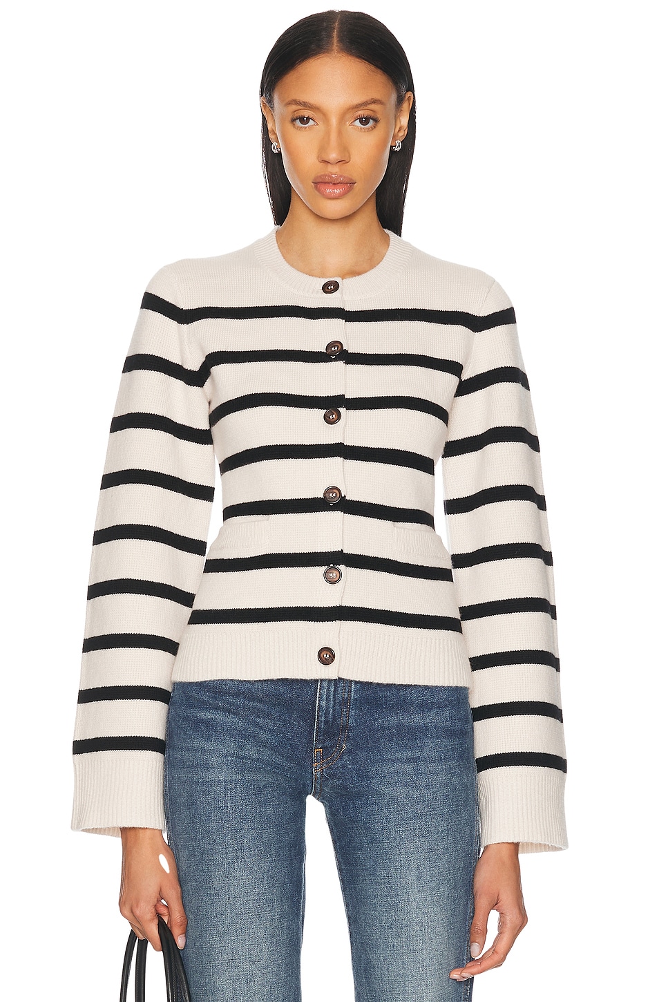 Jenni Kayne Cooper Cardigan in Ivory & Black Stripe - Nude.  XS also in L, M