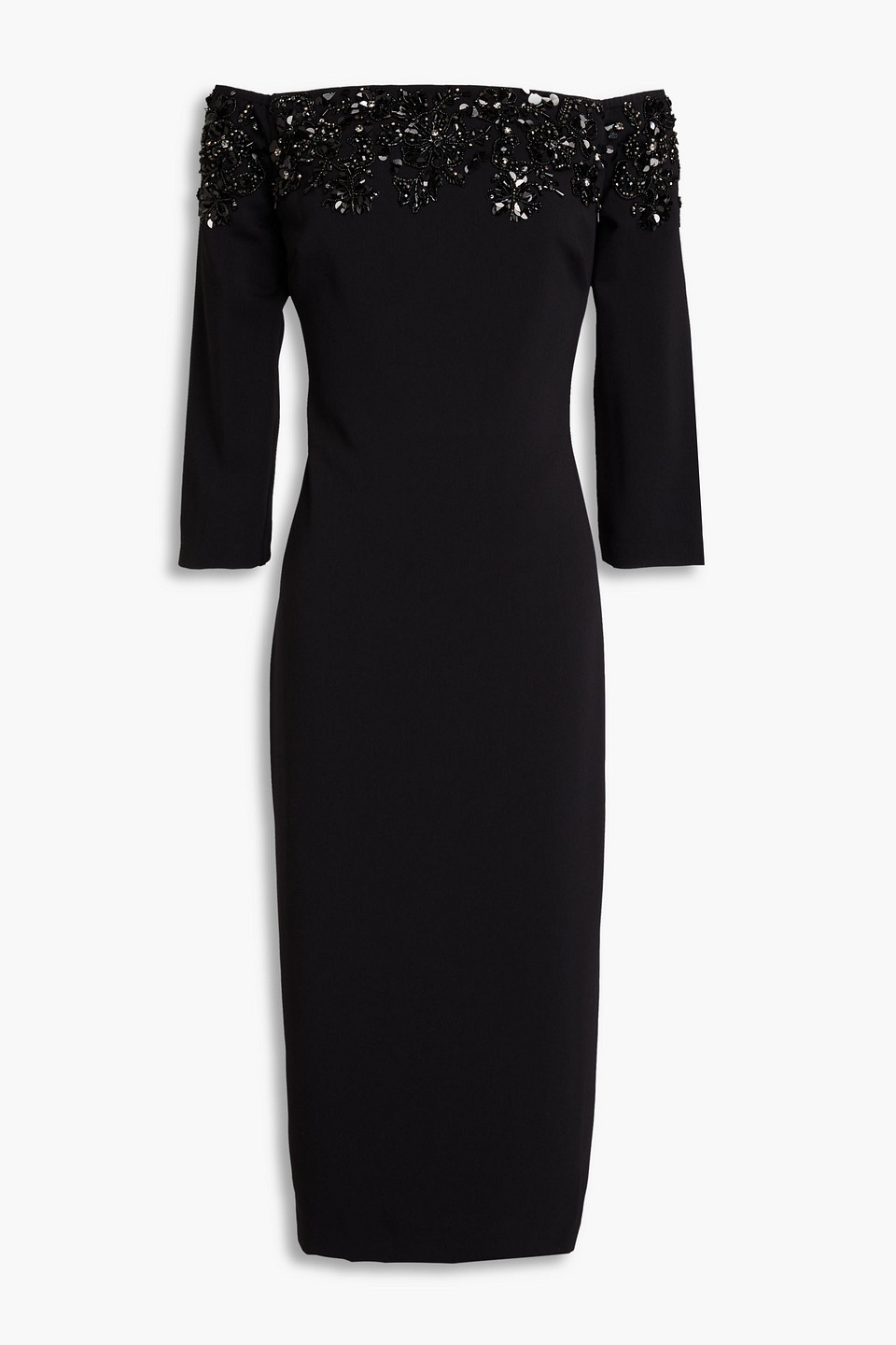 Off-the-shoulder embellished crepe midi dress