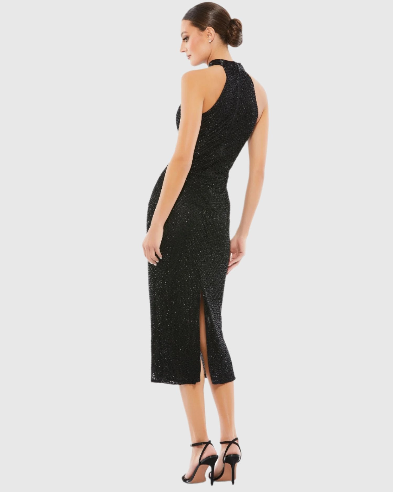 High Neck Halter Sleeveless Wedding Guest Midi Dress In Black