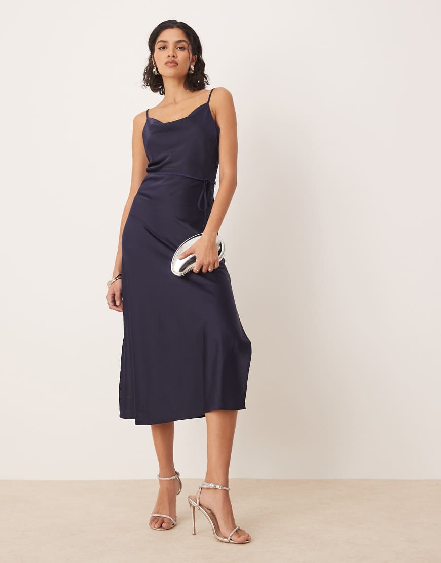 YAS satin midi cami dress with tie waist in navy