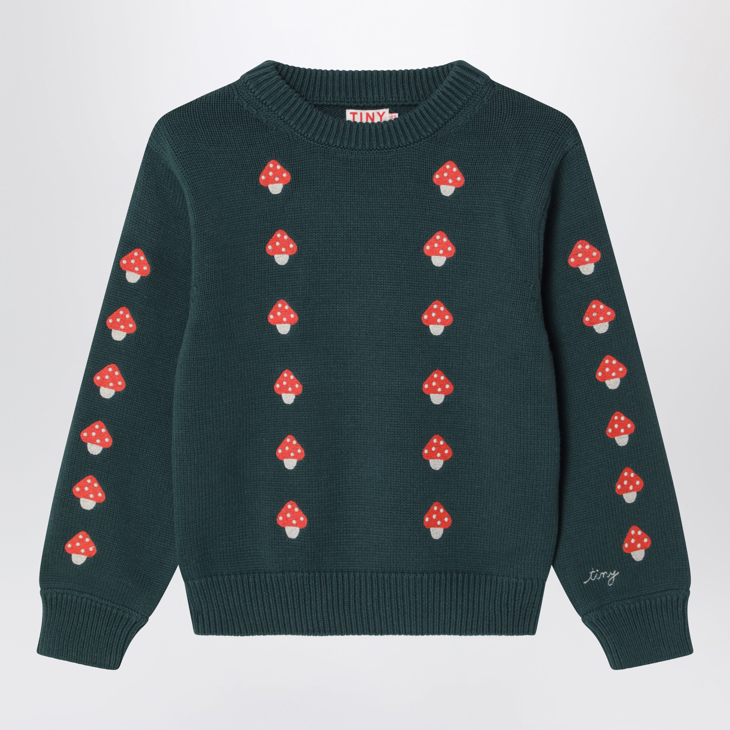 Dark green cotton sweater with embroidered mushrooms