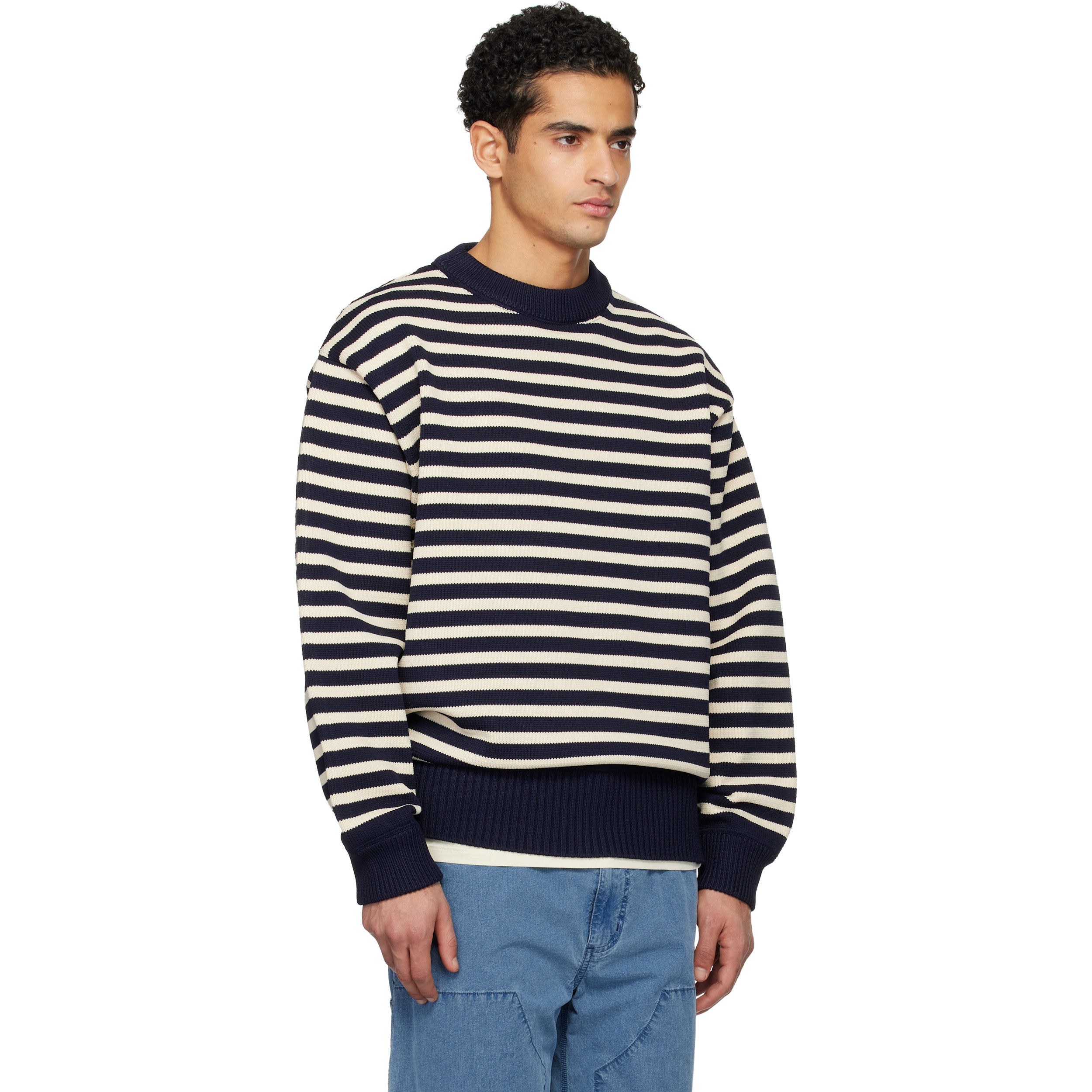Navy & Off-White Mock Neck Stripe Sweater
