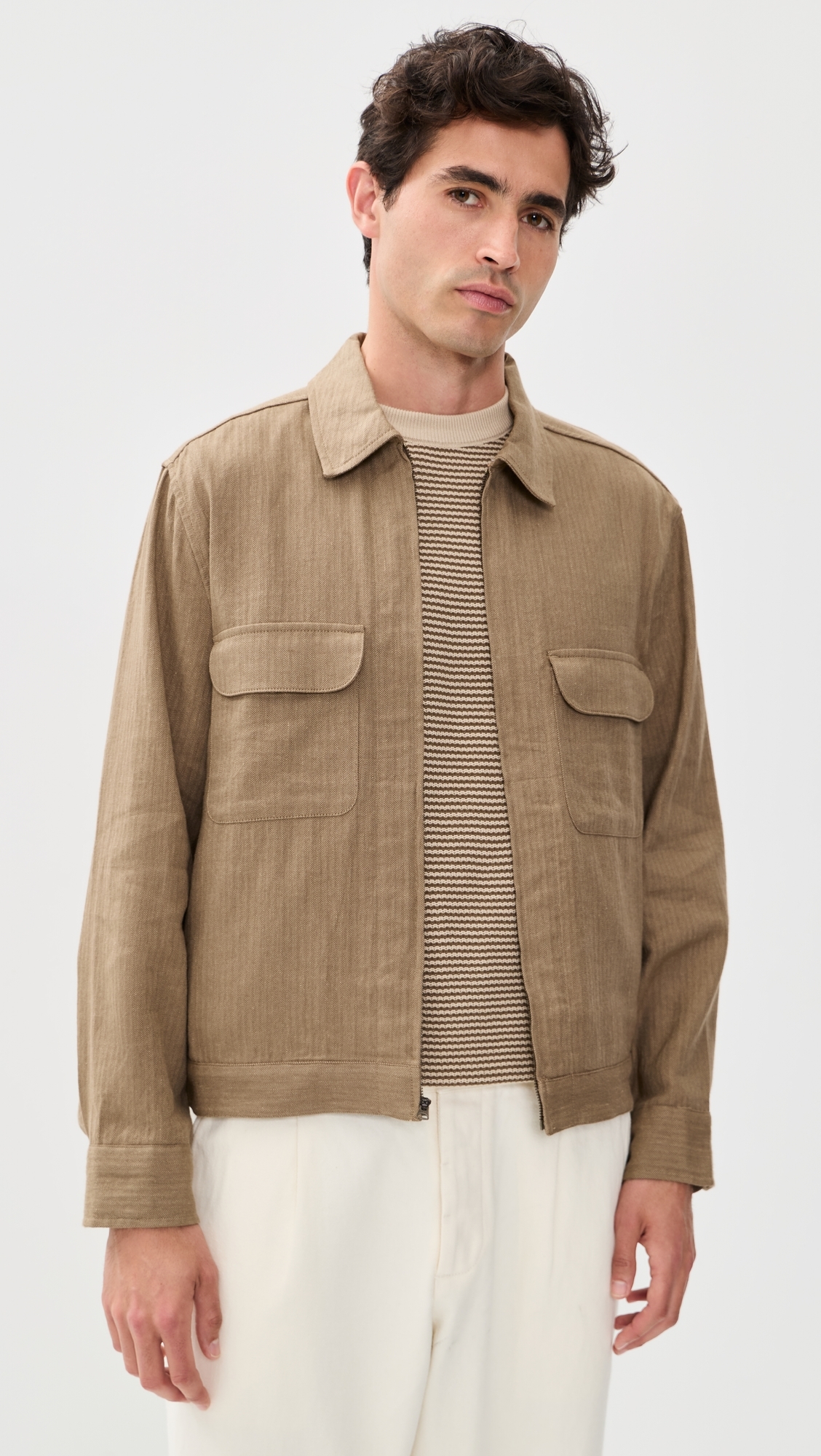 Herringbone Linen Zip Jacket Olive