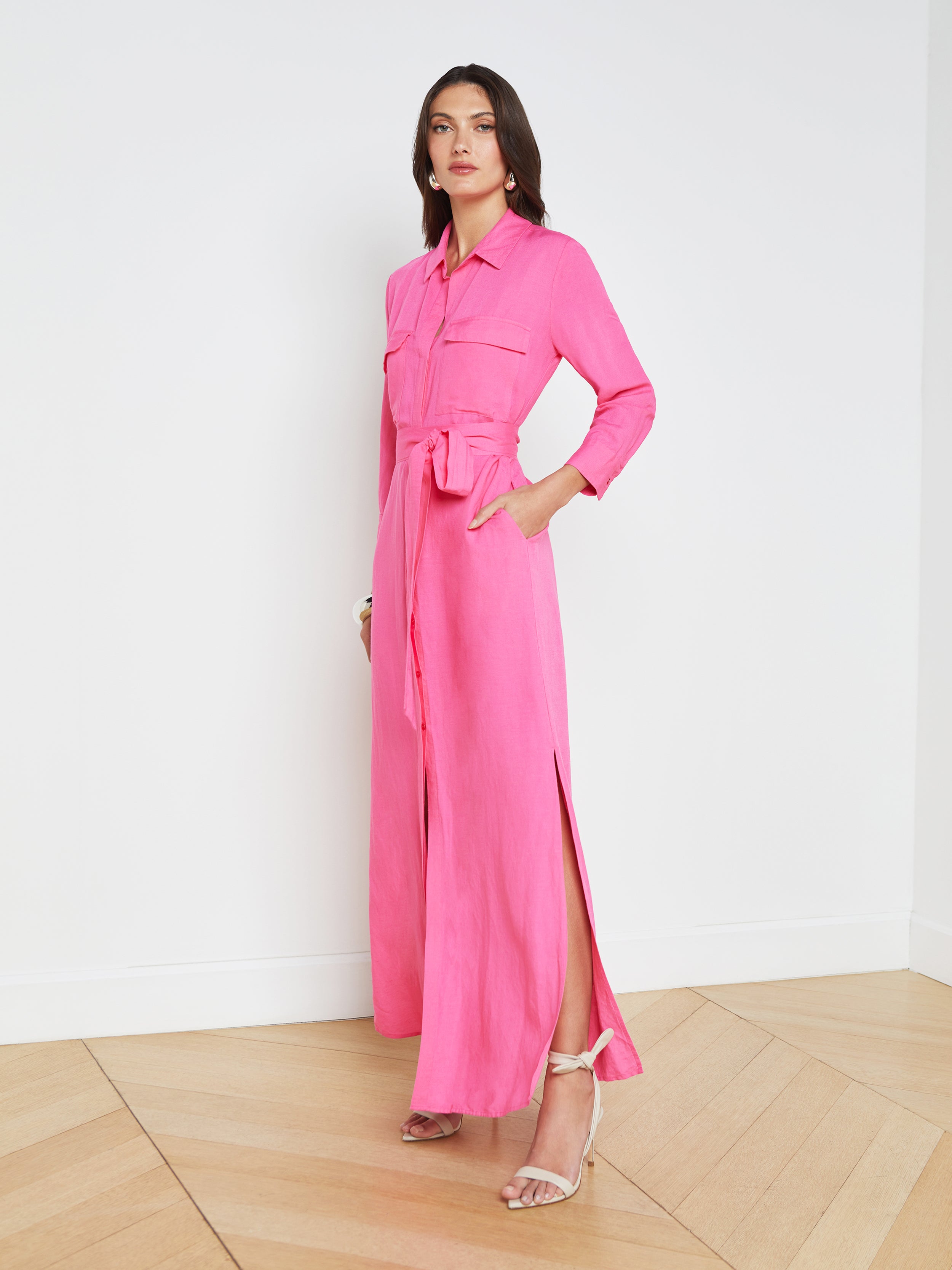 Cameron Linen-Blend Shirt Dress In Berry Pink