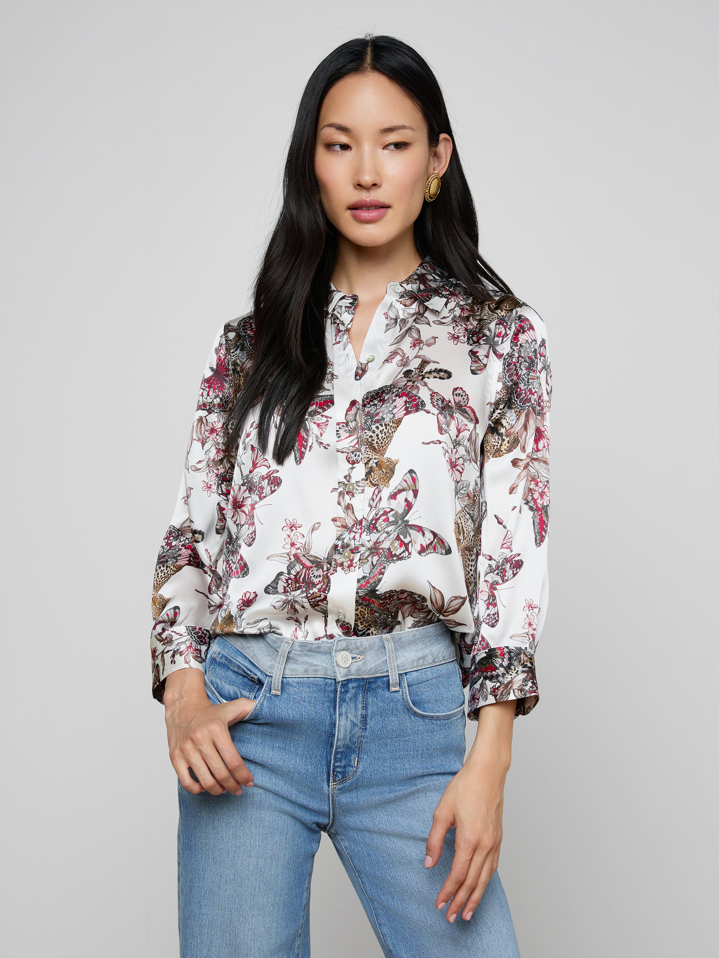 Dani Silk Blouse Top In White Multi Small Butterfly Jungle