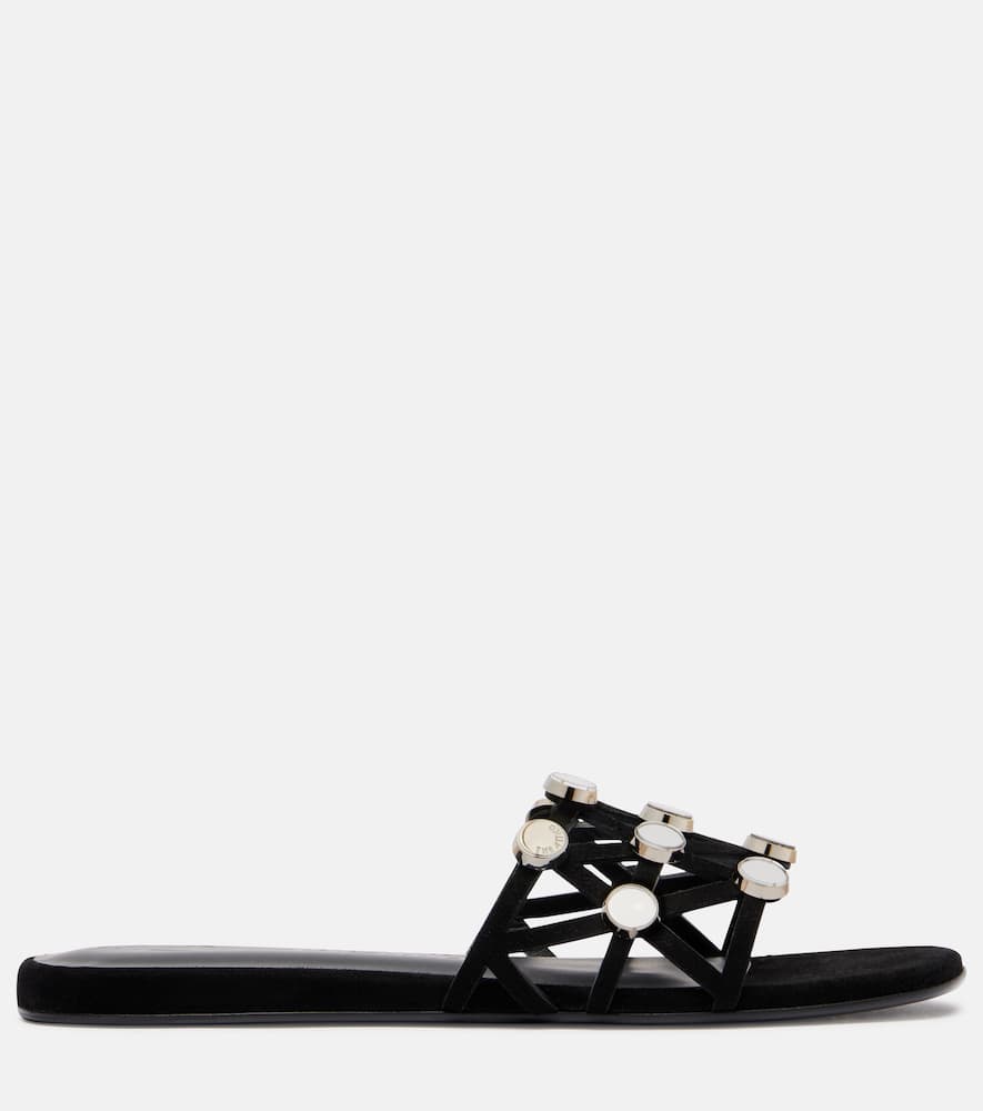 Grid embellished suede flat sandals