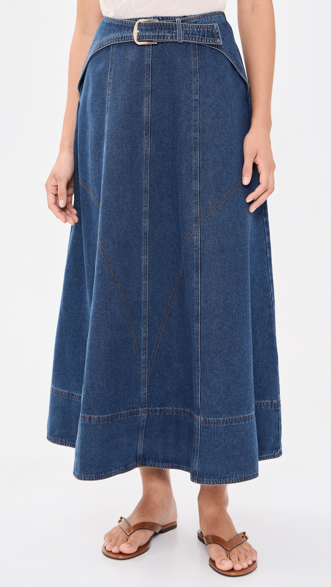 Belt Buckle Detail Denim Midi Skirt Denim Blue