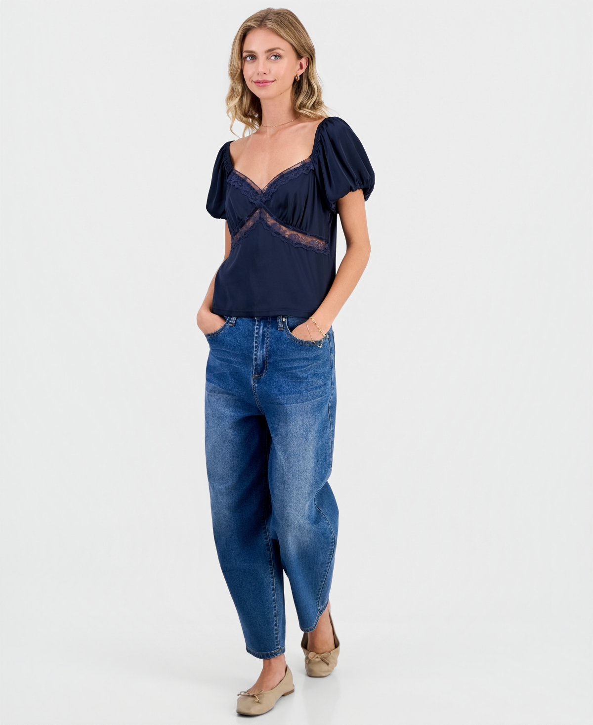 Juniors' Lace-Trim Satin Puff-Sleeve Top - Navy Blazer