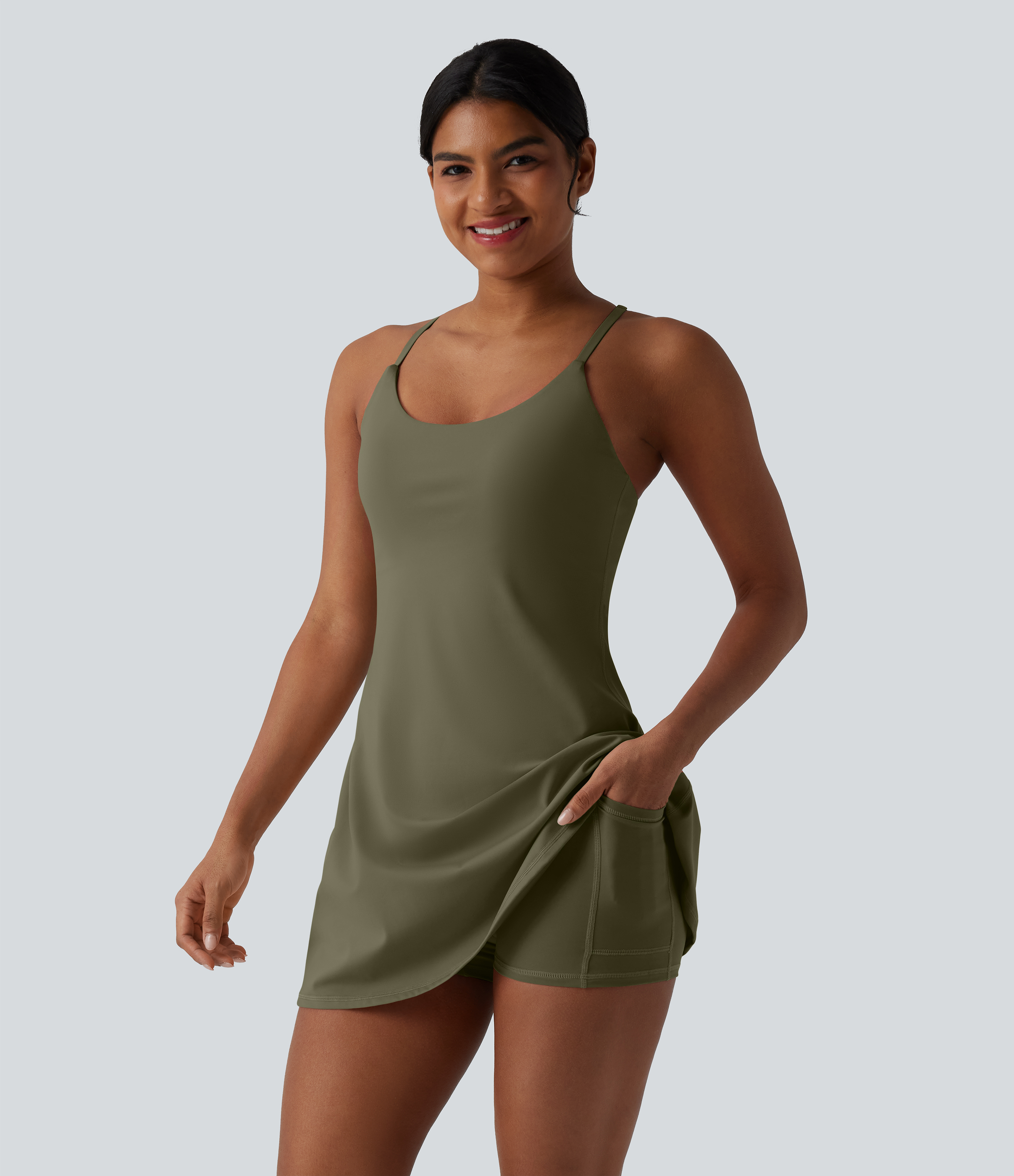 Softlyzero™ Plush Tummy Control Active Dress with Pockets-Easy Peezy Edition Workout Dress - Grass Grey Green