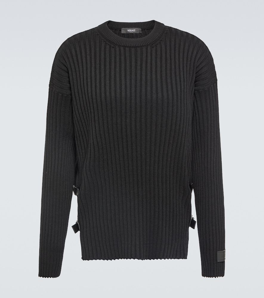 Leather-trimmed knit wool sweater