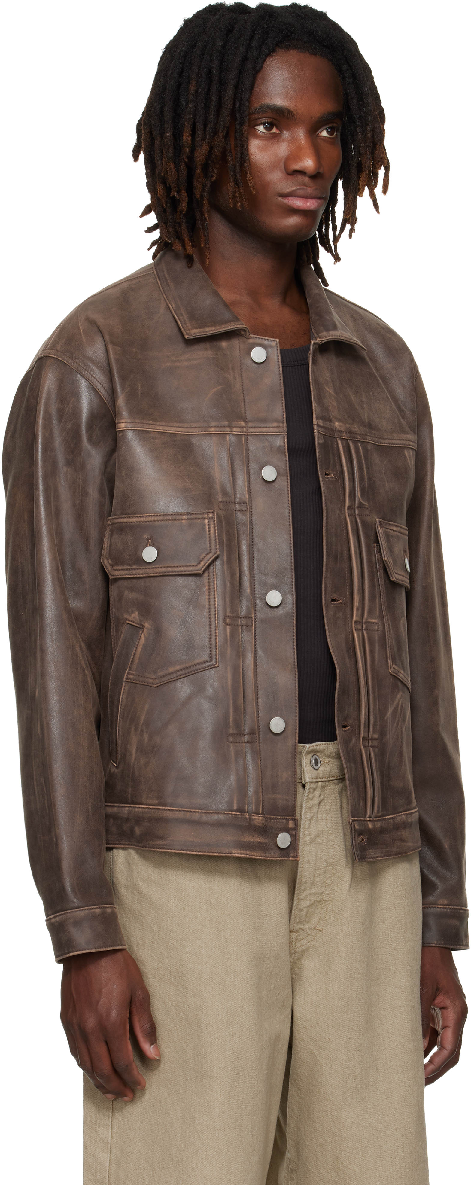 Brown Cracked Leather Trucker Jacket