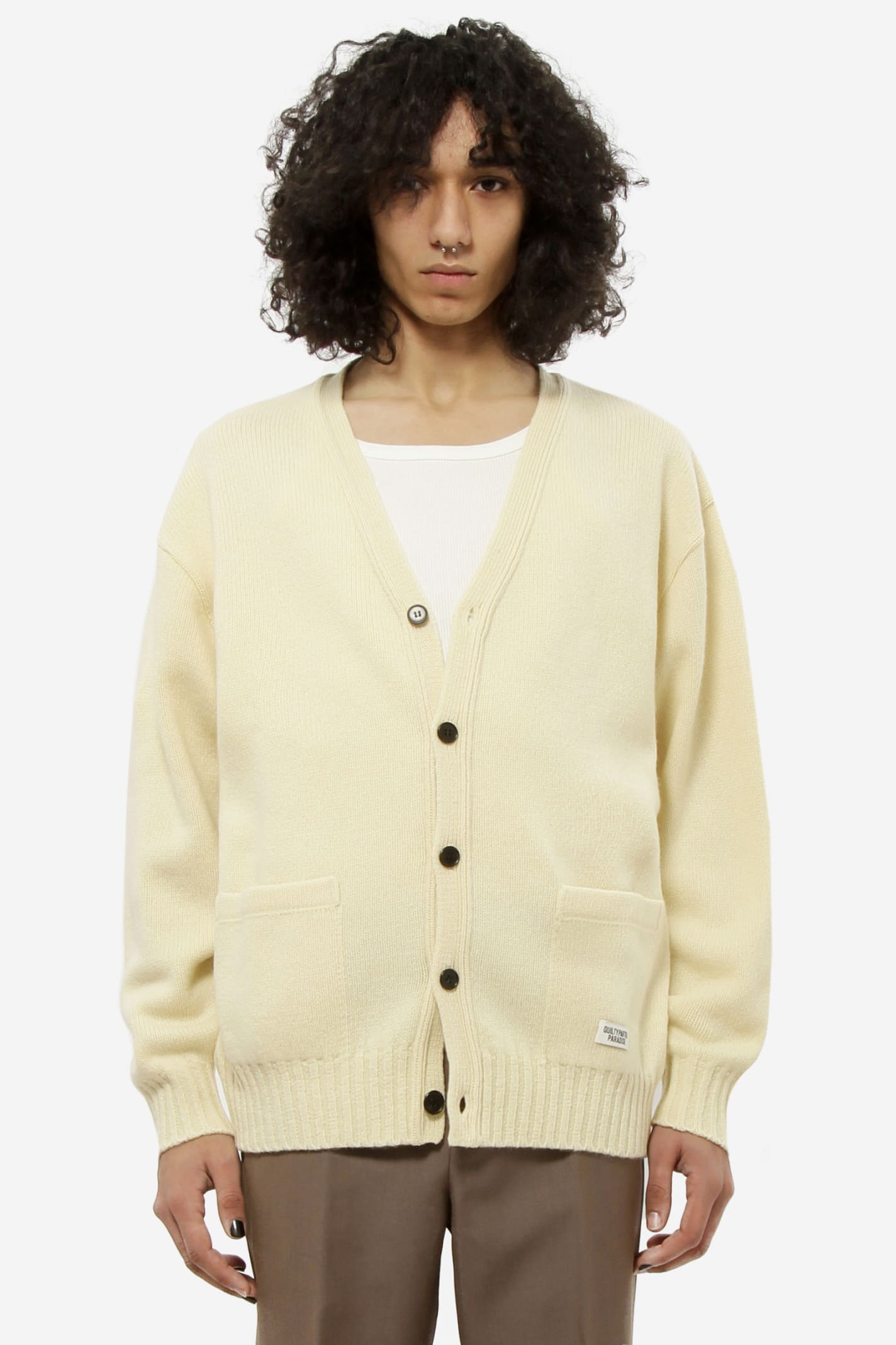 Embroidered-denim knit cardigan