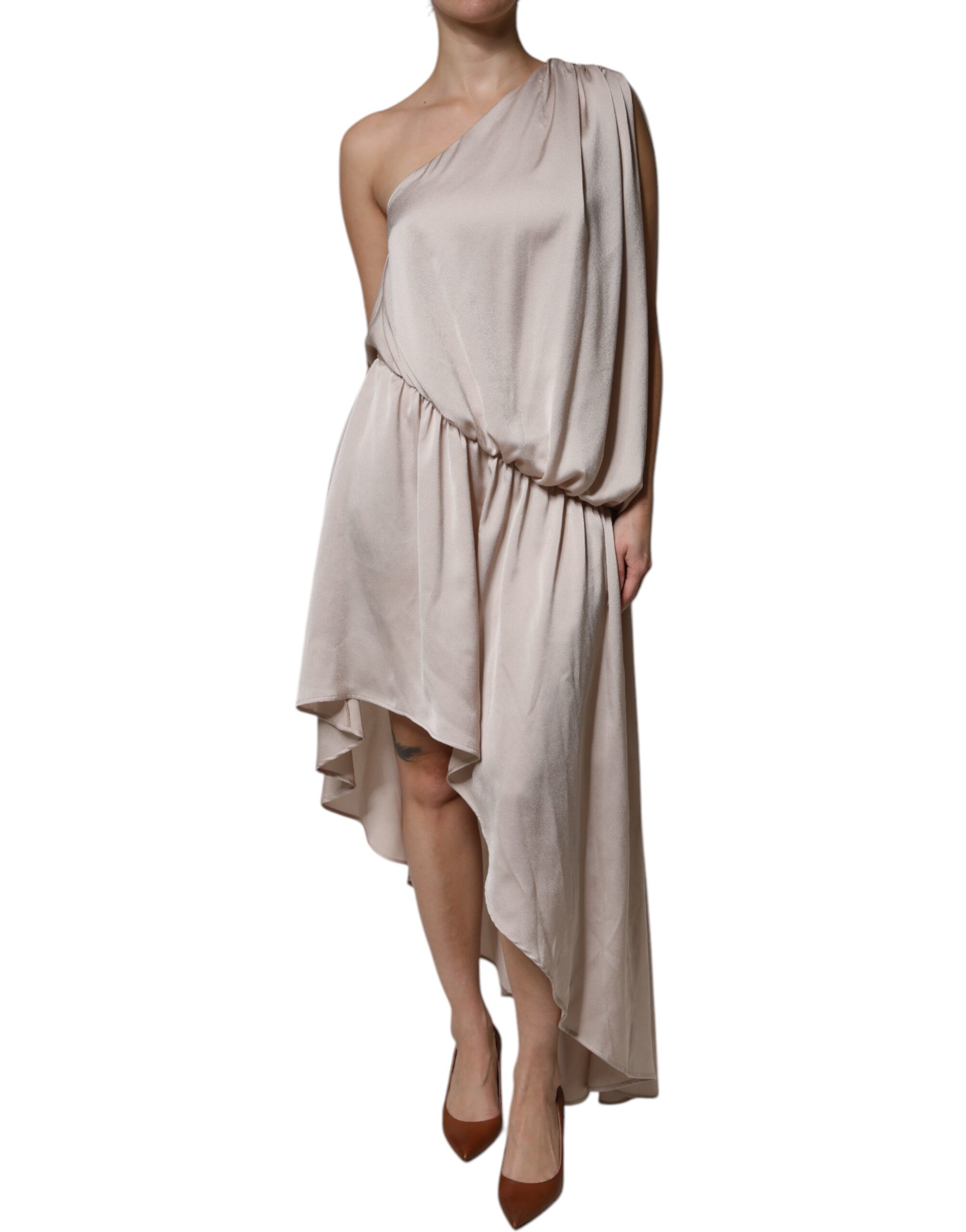 Christian Pellizzari Beige One Shoulder Asymmetric Drape Women's Dress Pre-Owned