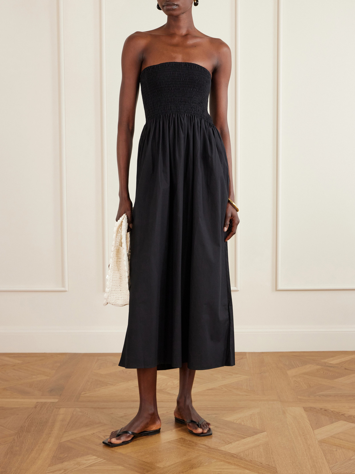 Jamie Strapless Shirred Cotton-poplin Midi Dress - Black