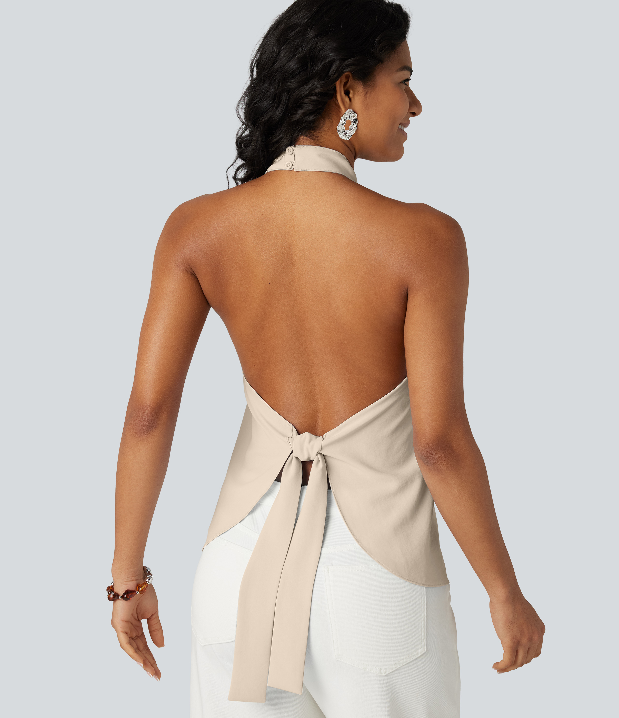 Backless Tie-back Casual Halter Top Tank Top - Whisper White