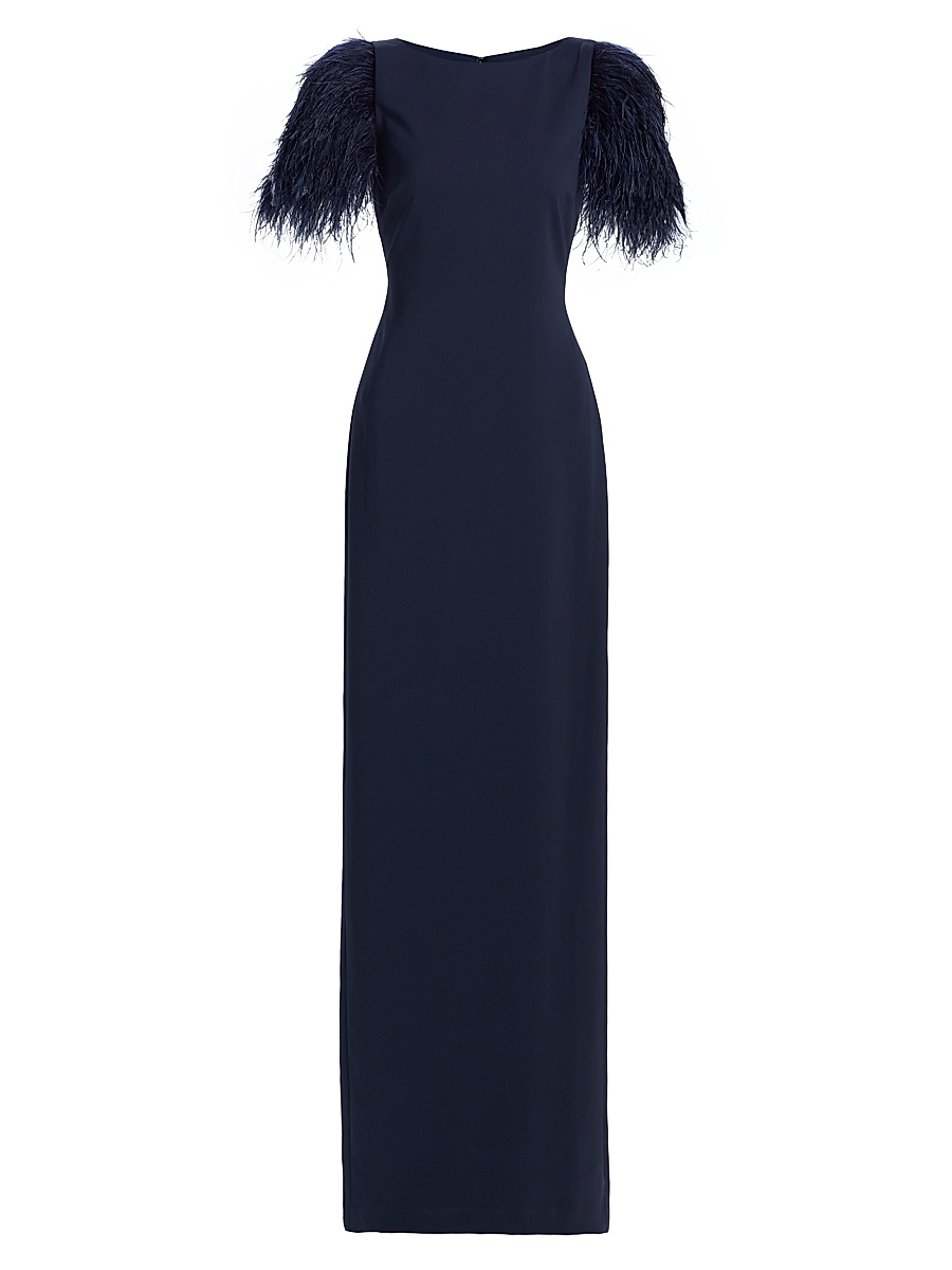Women's Feather Cuff Odessa Crepe Column Gown - Navy