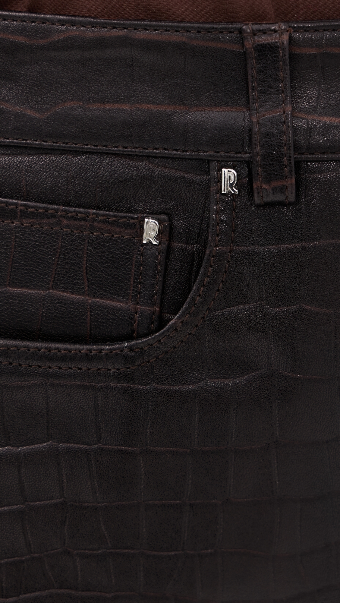 Lamb Leather Croc Embossed Skirt Dark Brown