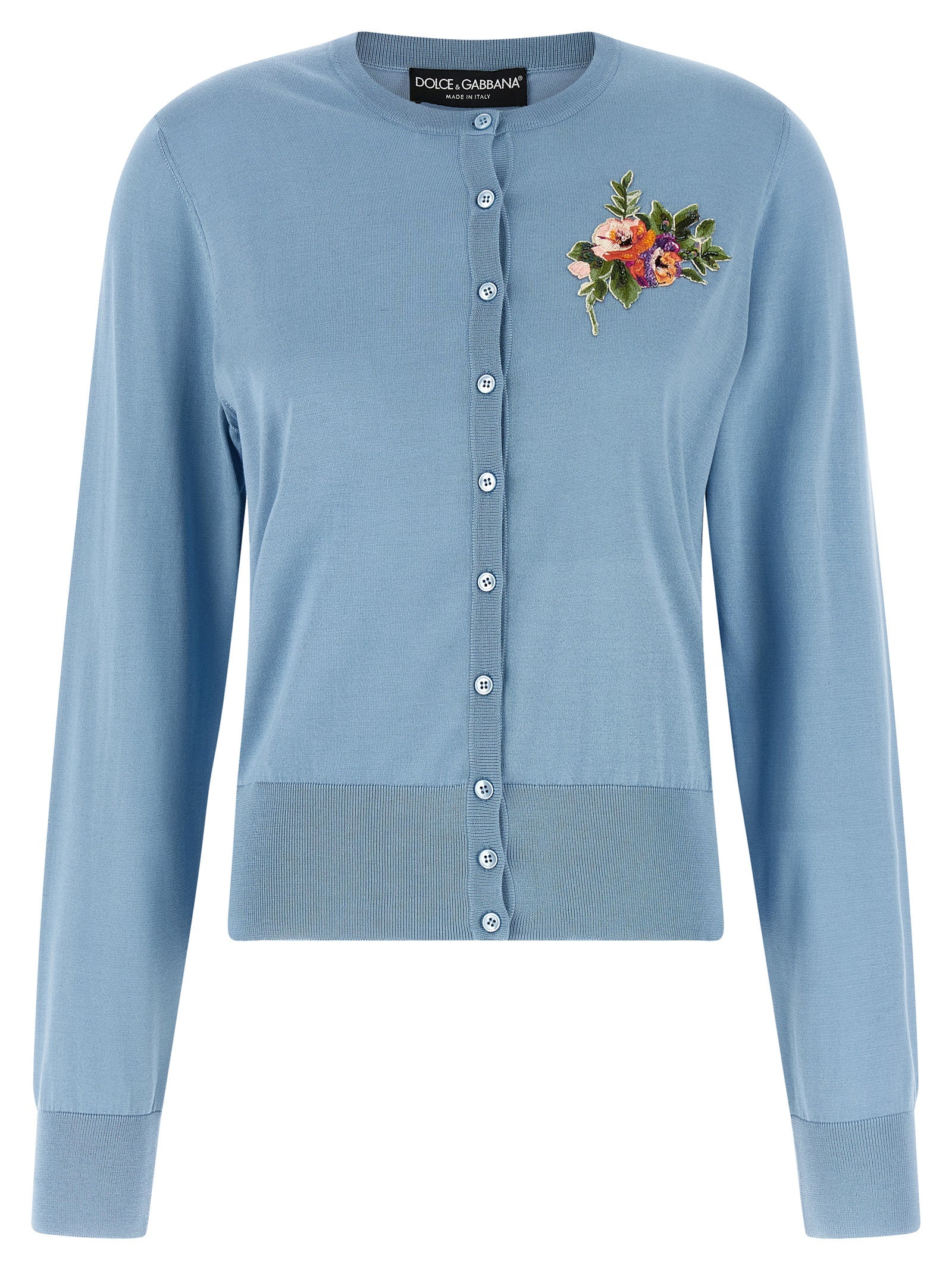 Floral-Embroidered Silk Cardigan — Blue