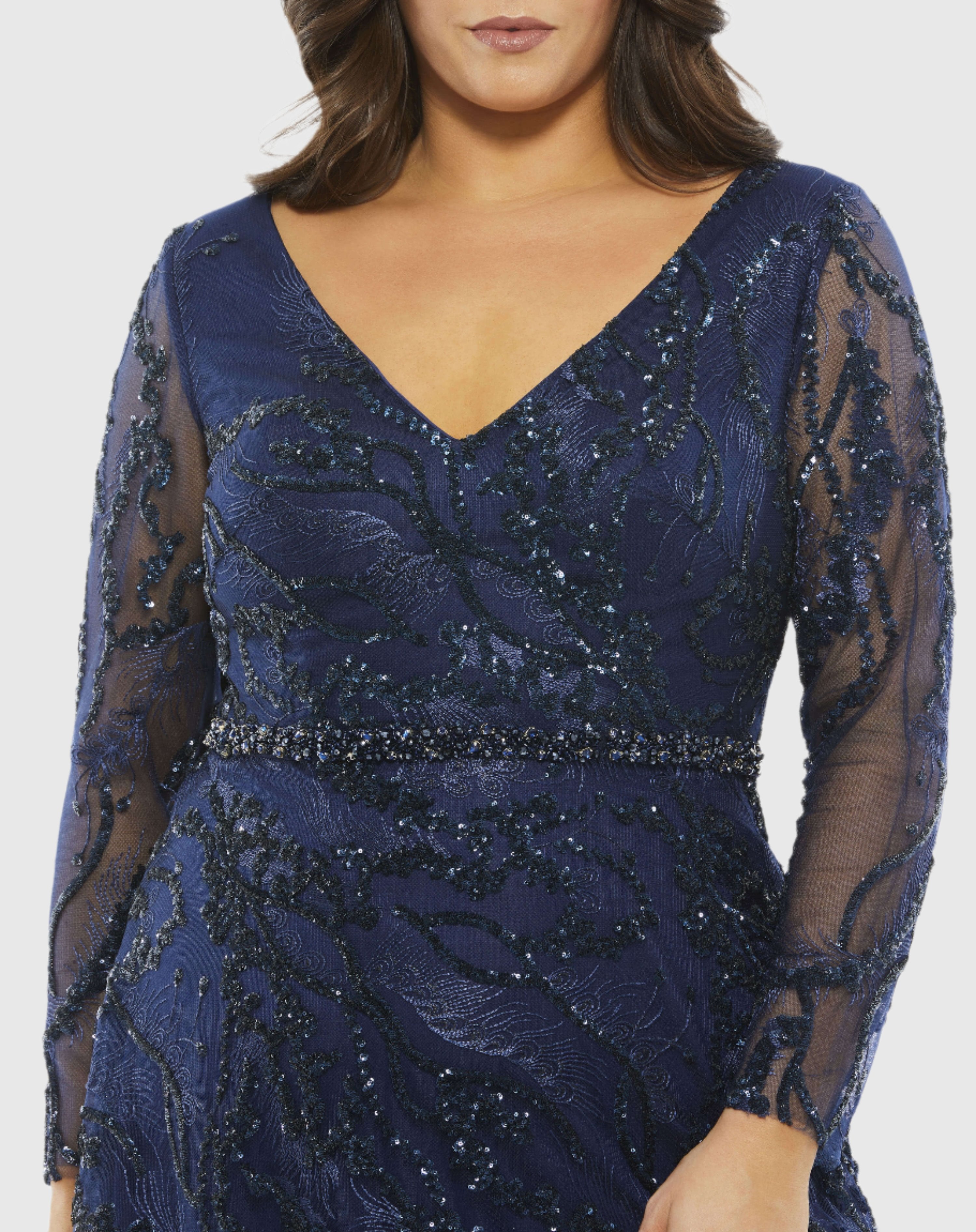 Plus Size Embellished Illusion Long Sleeve V-Neck A-Line Maxi Gown in Black