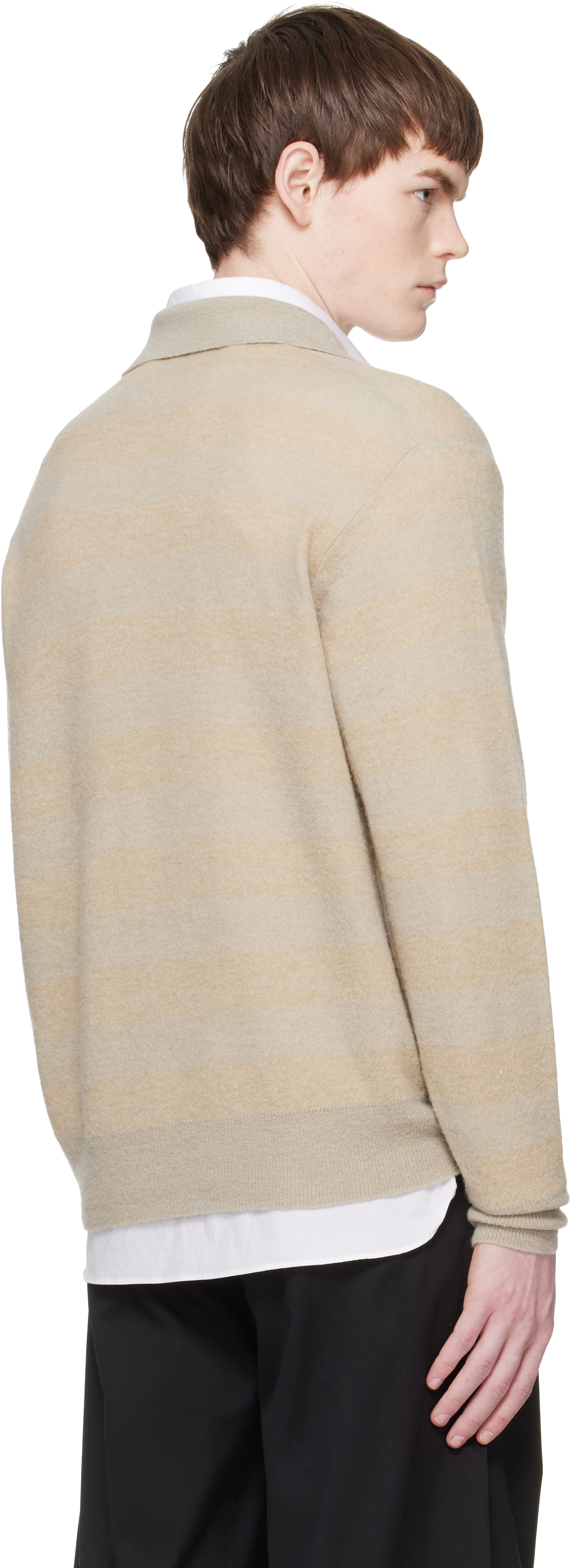 Beige Knit Stripe LS Polo