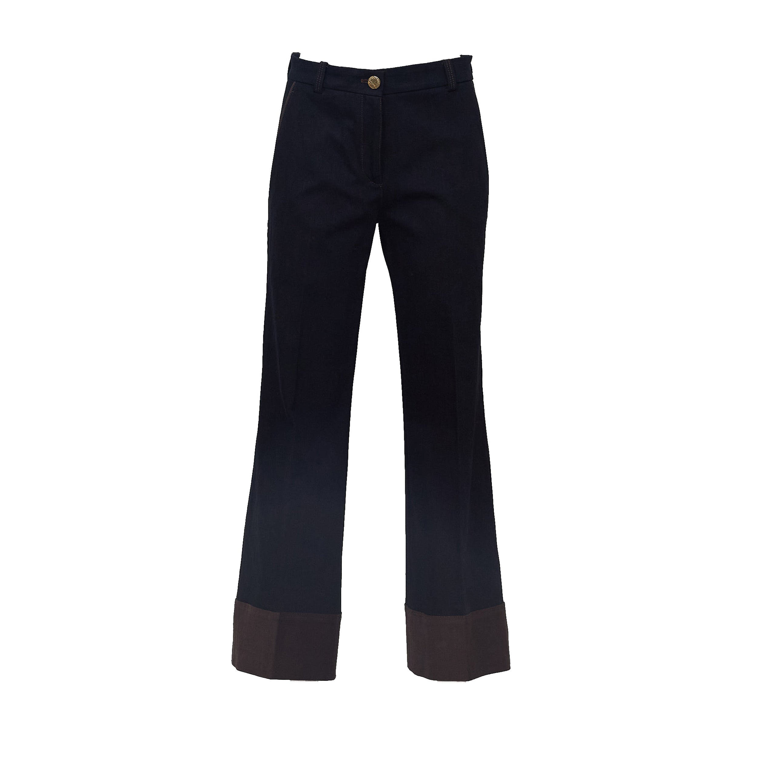 Wide Leg Pants with Contrast Cuffs and Golden Button Details