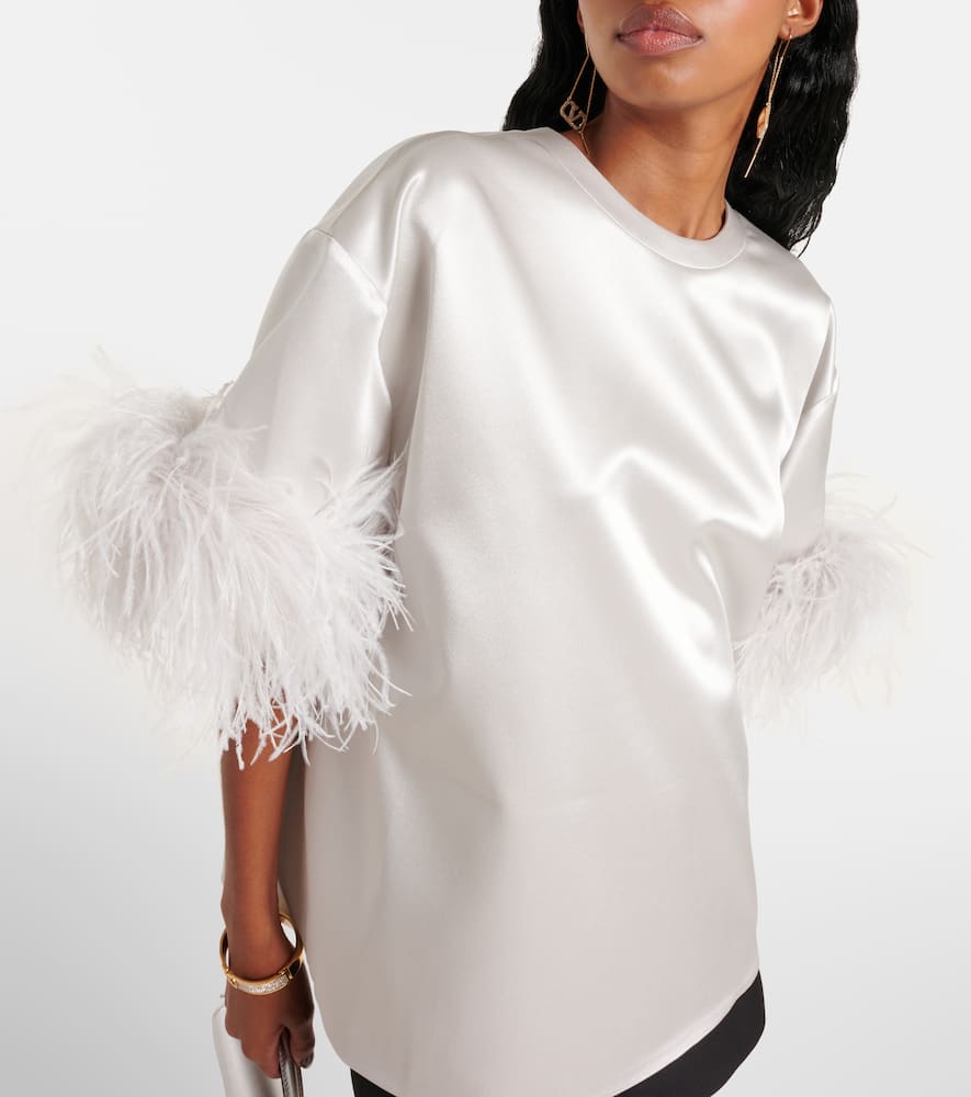 Feather-trimmed silk satin top