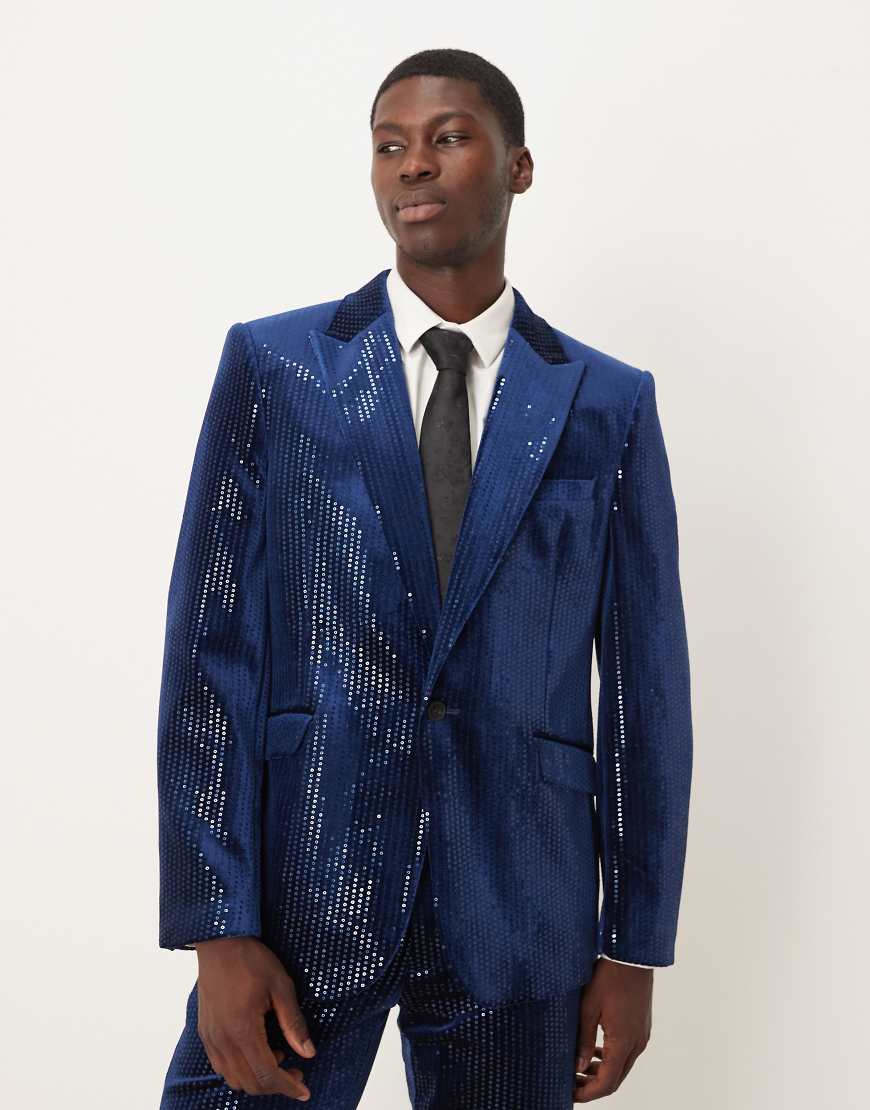 Slim suit jacket in velvet sequin in navy