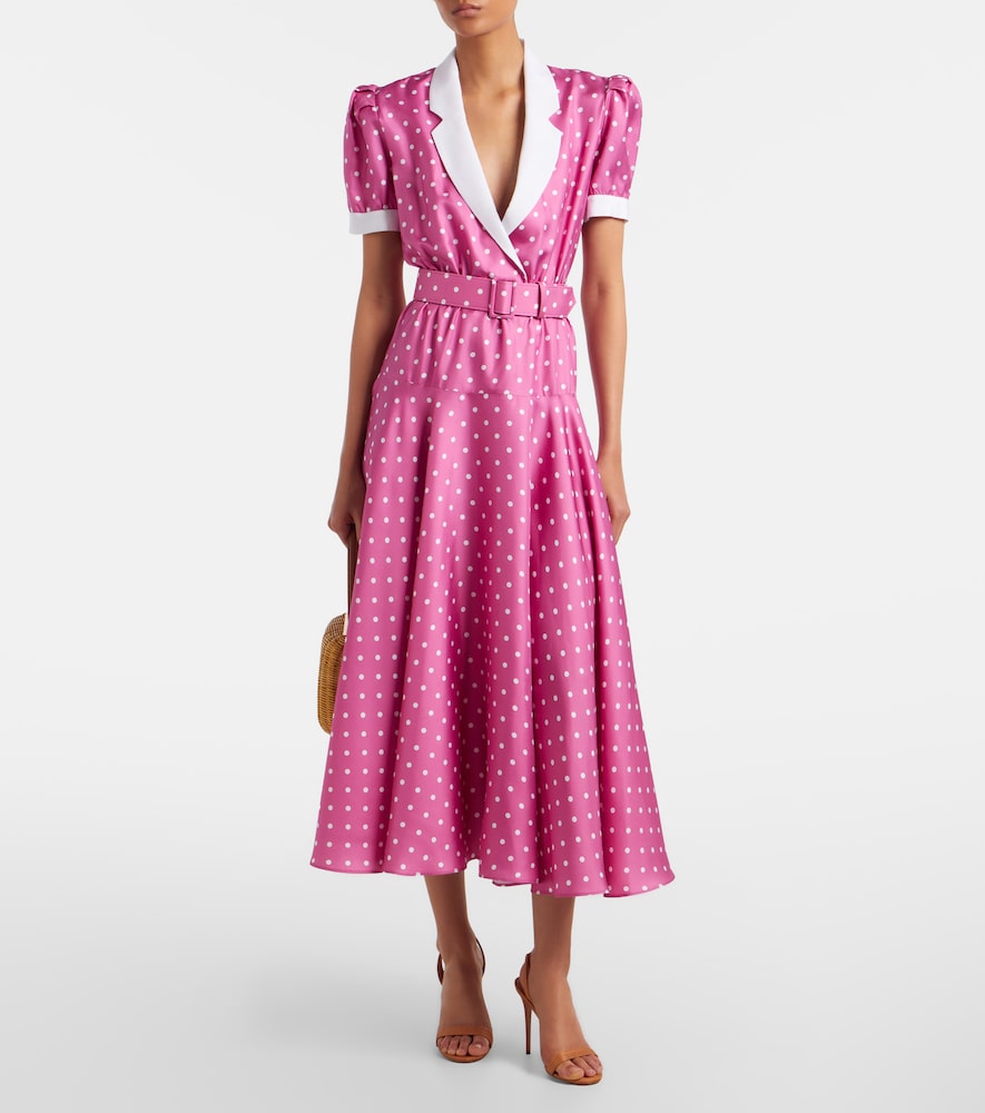 Belted polka-dot silk twill midi dress