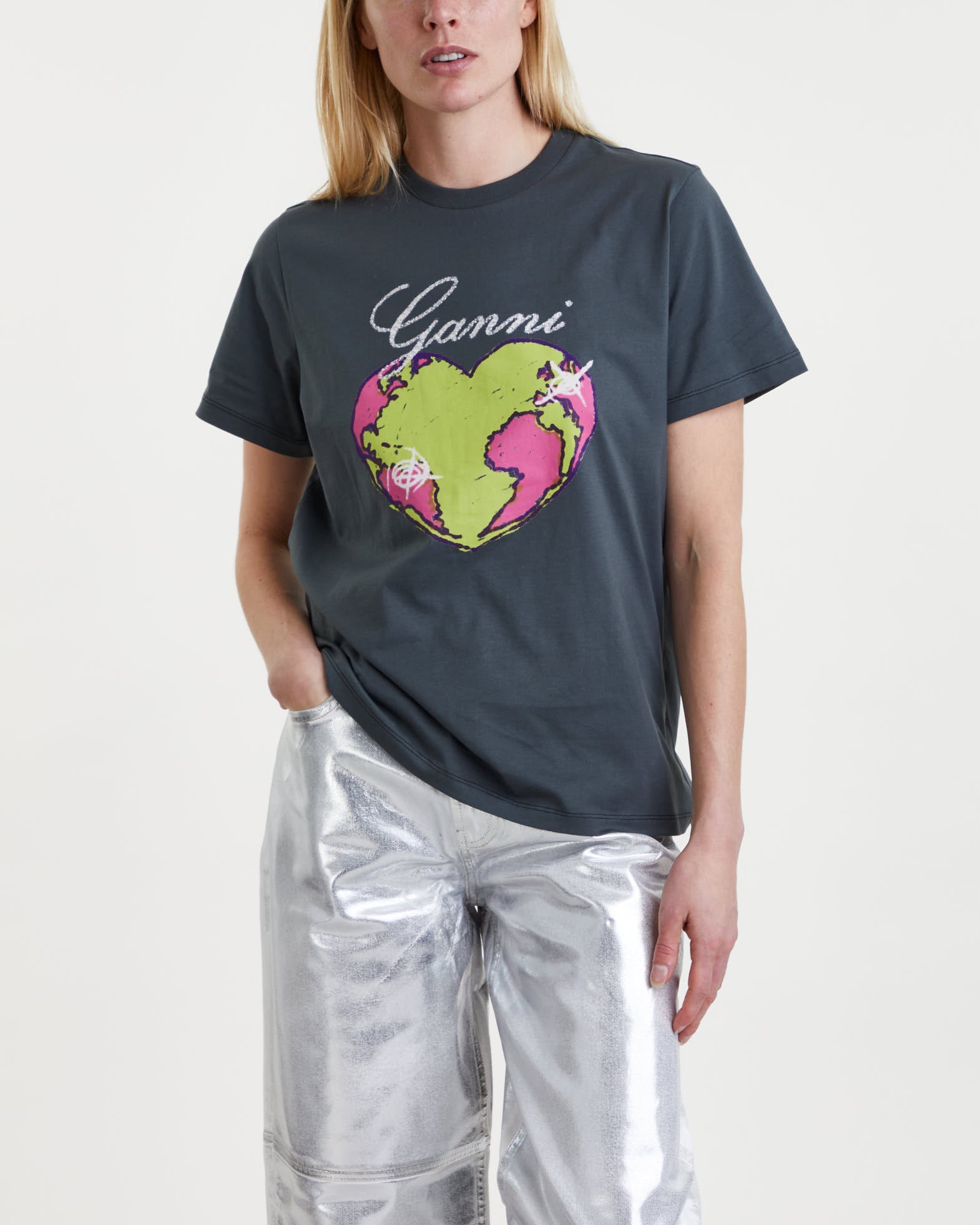 Ganni T-Shirt Basic Jersey Heart Relaxed Grey