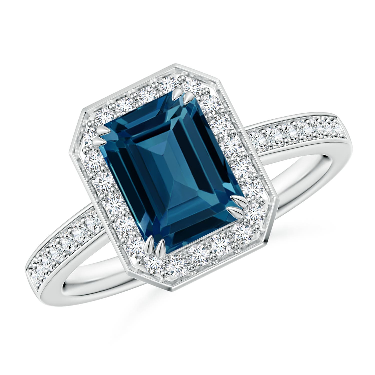 Angara 1.95 Carats Emerald-Cut London Blue Topaz Engagement Ring with Halo in Platinum