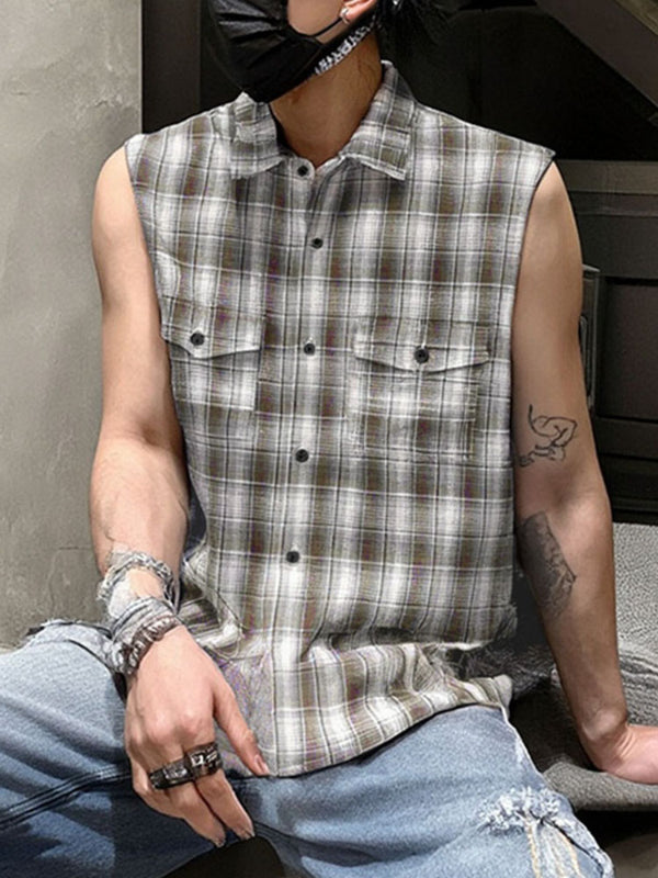 Mens Plaid Gradient Casual Sleeveless Shirt SKUL17804 - Light Brown / S