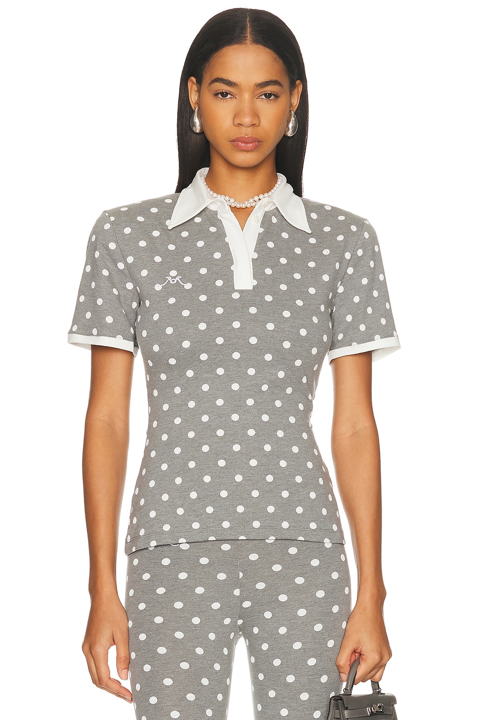 Rowen Rose Short Sleeve Polo Top in Grey Polka Dots - Grey. 36 also