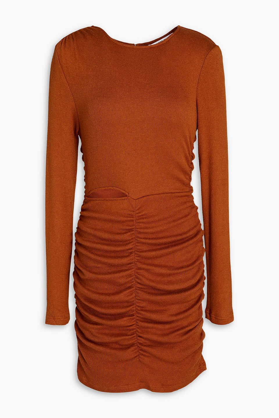 Ruched cutout ribbed-knit mini dress - Brown - L