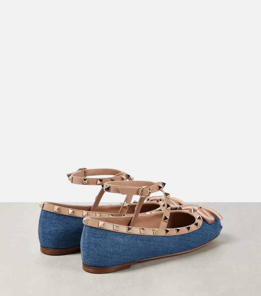 Rockstud leather-trimmed denim ballet flats