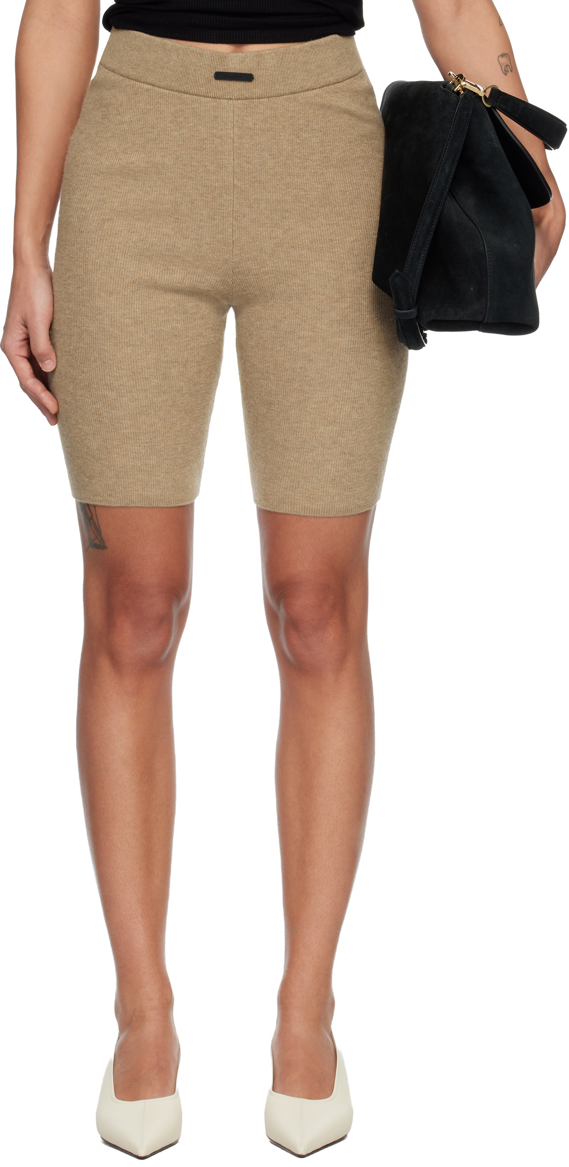 Beige Rib Knit Bike Shorts