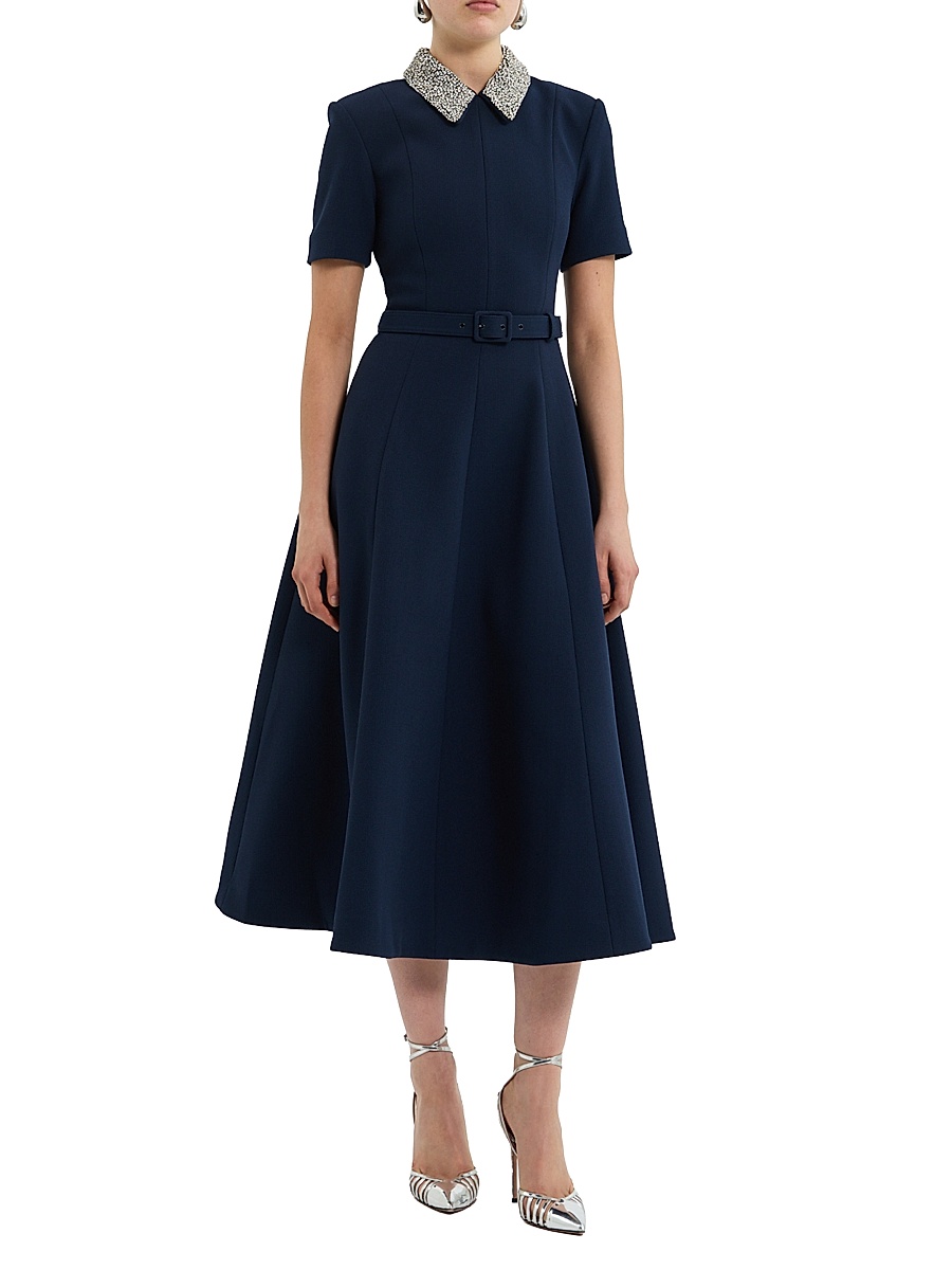 Women's Xena Embellished Stretch-Crepe Belted Midi-Dress - Navy