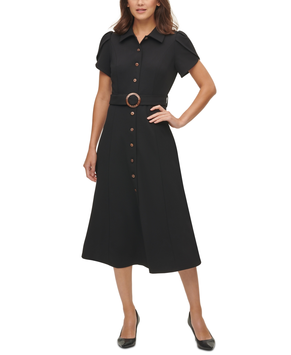 Puff-Sleeve Belted Midi Dress - Black
