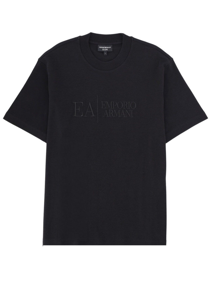 Black Crew Neck T-Shirt With Embroidered Lettering Logo On The Front In Cotton Man