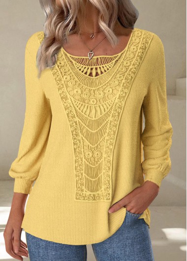 Modlily Yellow Embroidery Long Sleeve Round Neck T Shirt